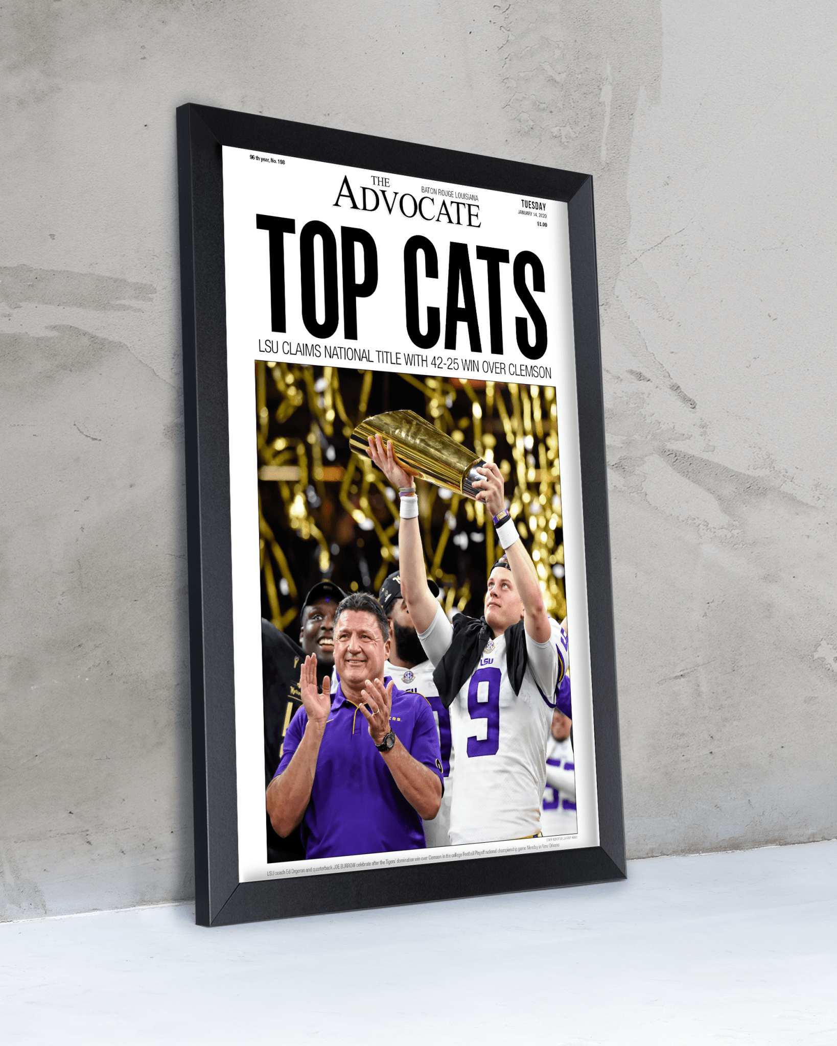 2019 LSU Tigers National Champions "Top Cats" Framed Front Page Newspaper Print - TitleGameFrames.com