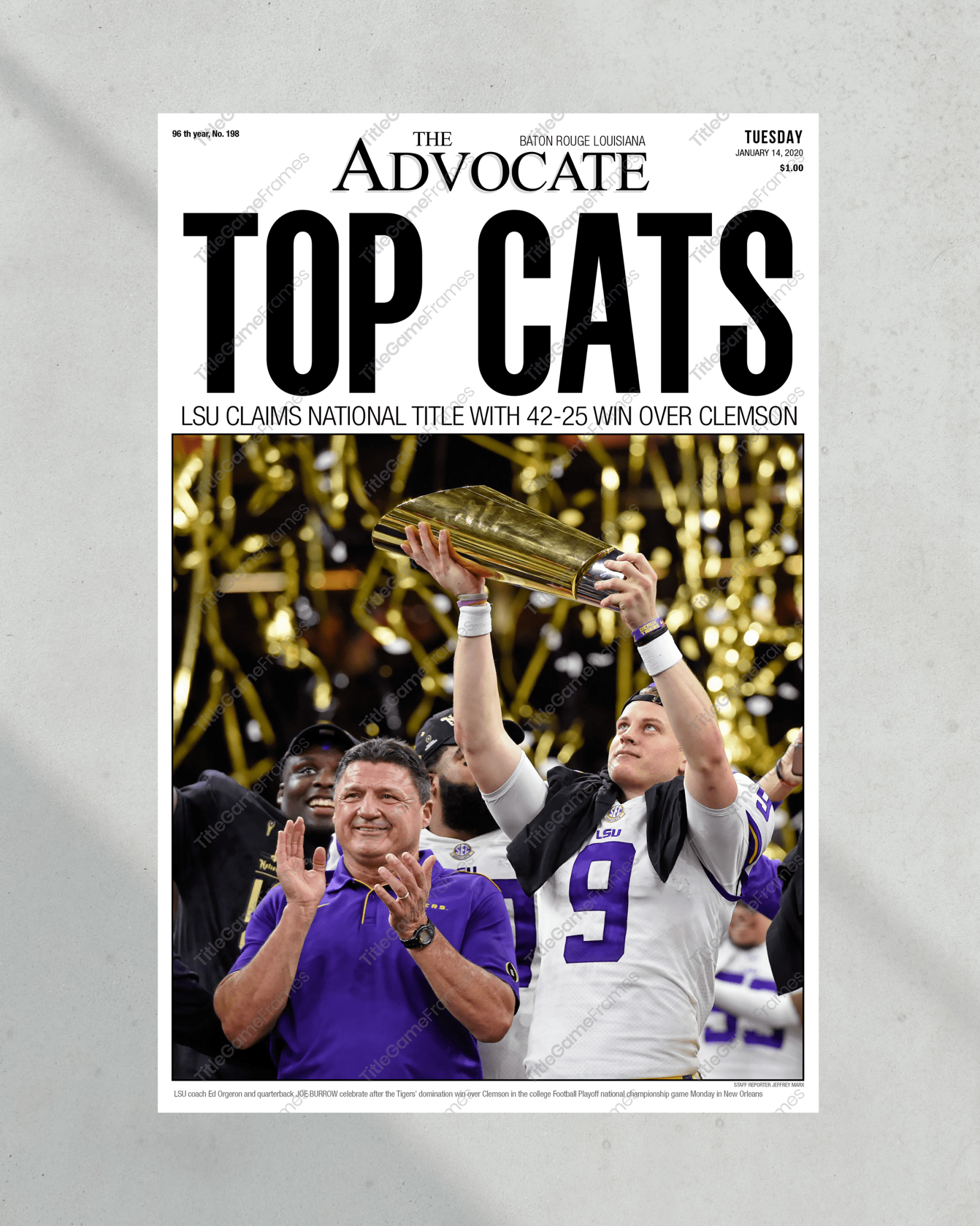 2019 LSU Tigers National Champions "Top Cats" Framed Front Page Newspaper Print - TitleGameFrames.com