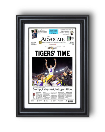2019 LSU Tigers “Tigers’ Time” NCAA College Football National Champions Framed Front Page Newspaper Print - TitleGameFrames.com