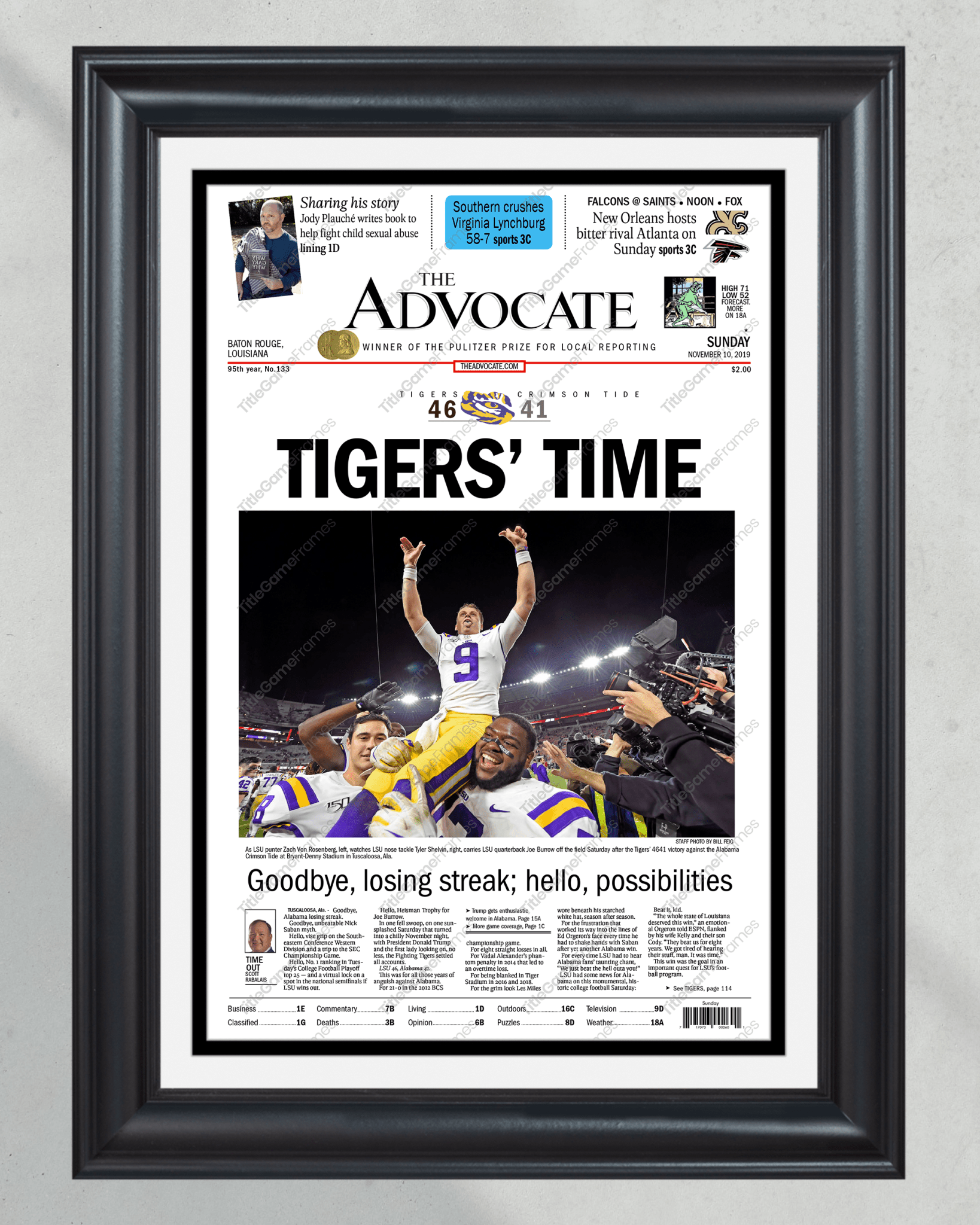 2019 LSU Tigers “Tigers’ Time” NCAA College Football National Champions Framed Front Page Newspaper Print - TitleGameFrames.com