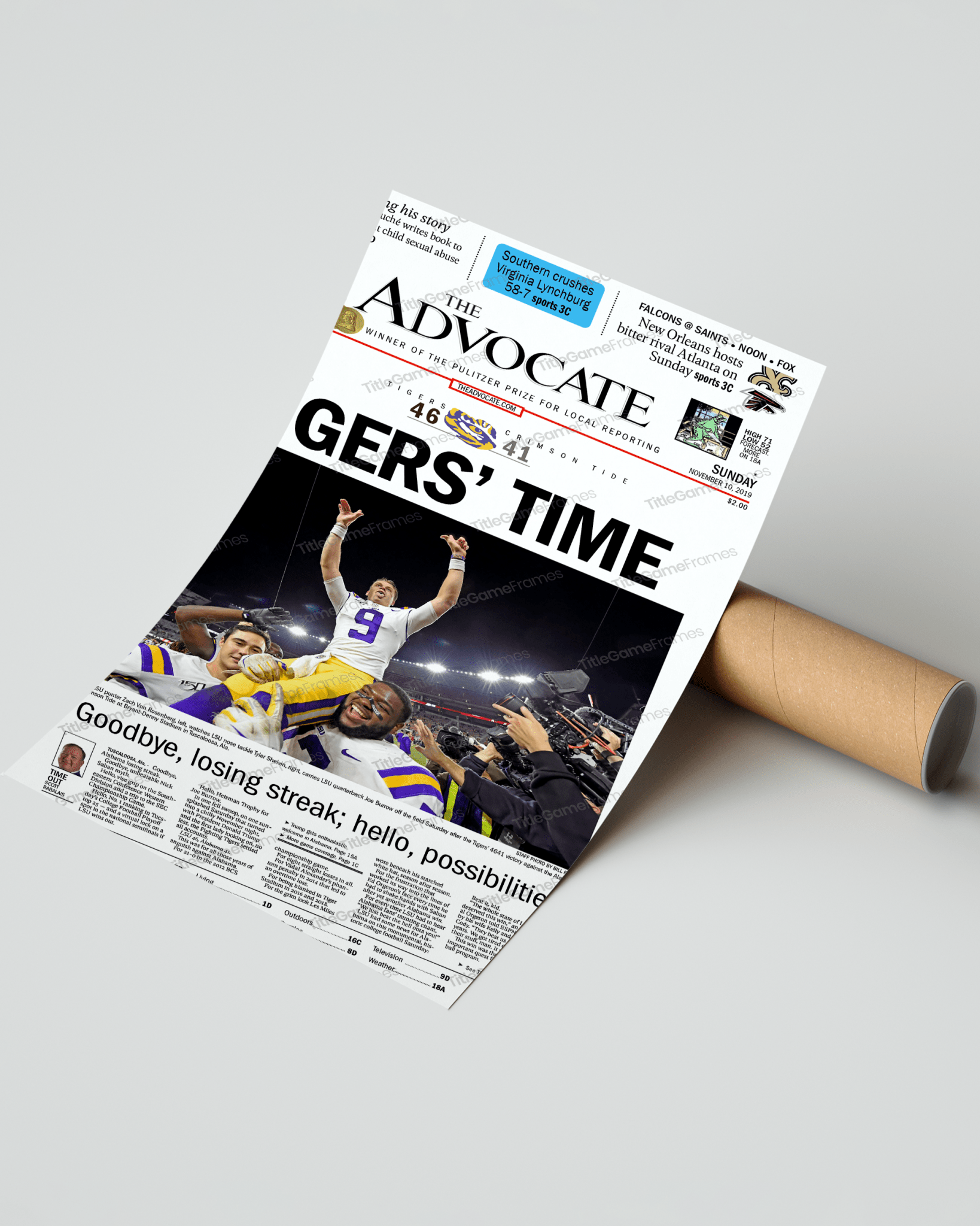 2019 LSU Tigers “Tigers’ Time” NCAA College Football National Champions Framed Front Page Newspaper Print - TitleGameFrames.com