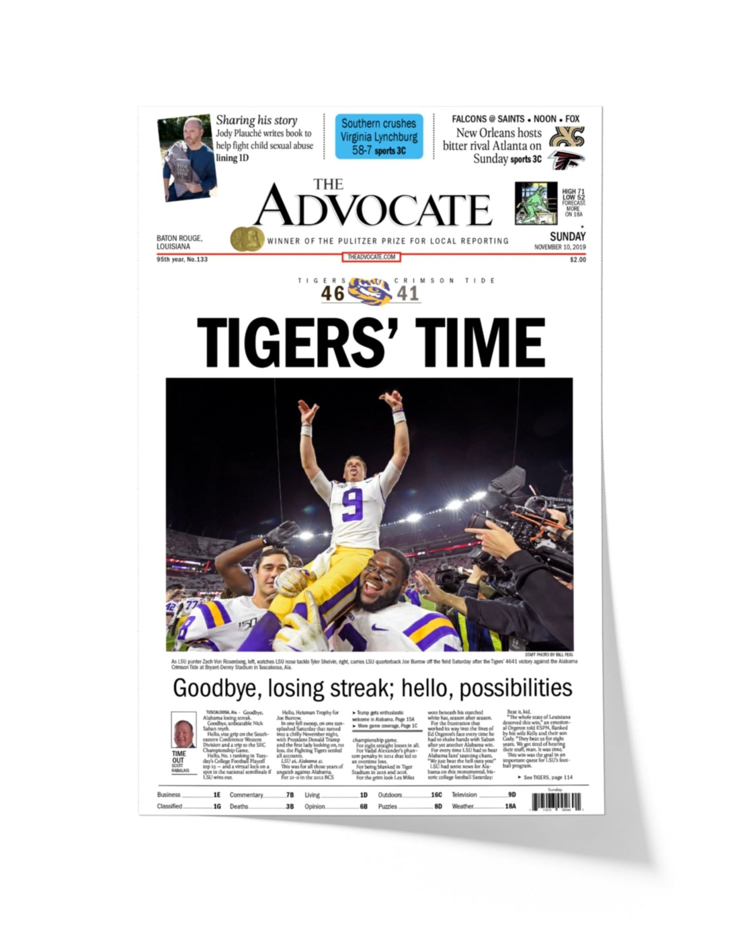 2019 LSU Tigers “Tigers’ Time” NCAA College Football National Champions Framed Front Page Newspaper Print - TitleGameFrames.com