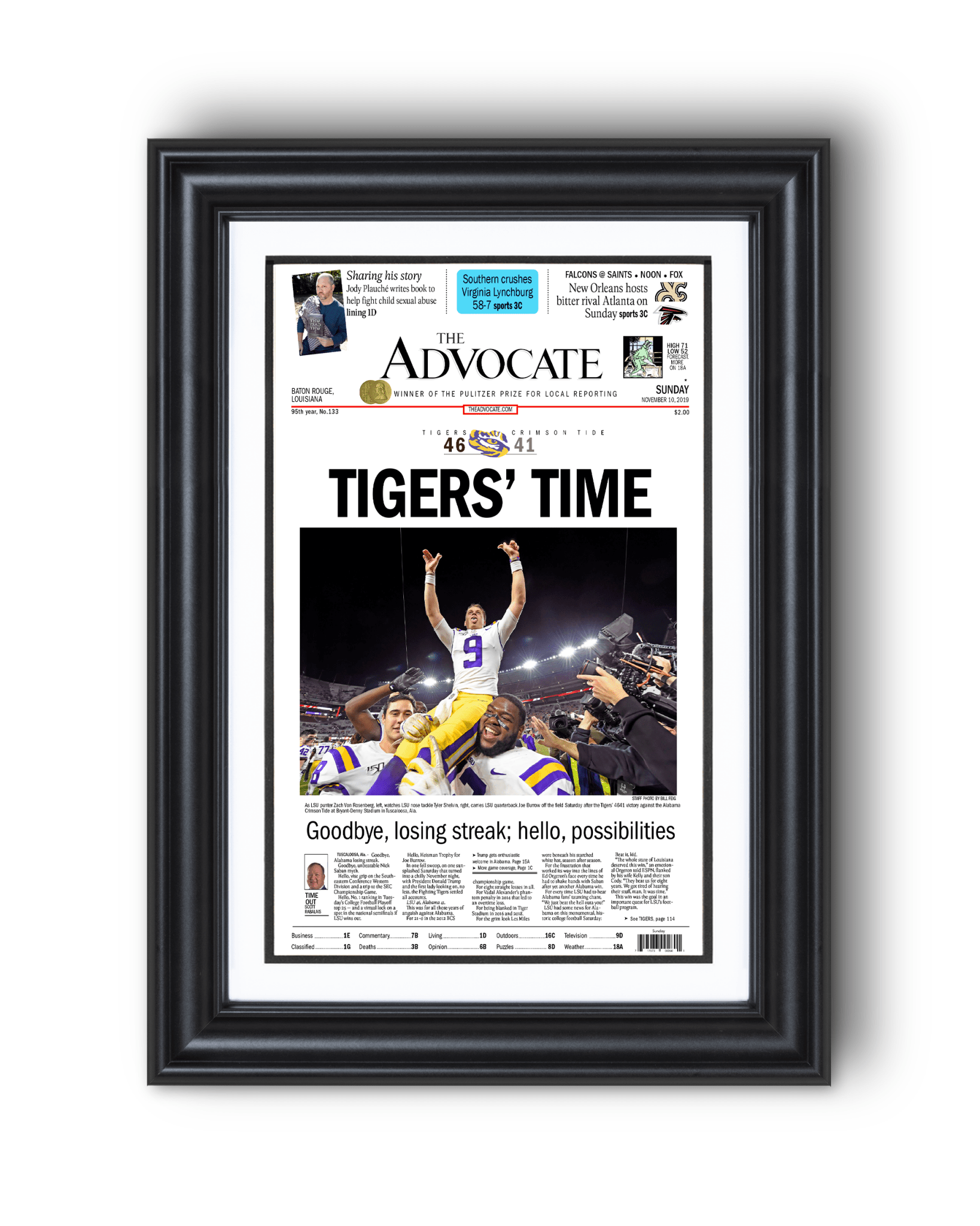 2019 LSU Tigers “Tigers’ Time” NCAA College Football National Champions Framed Front Page Newspaper Print - TitleGameFrames.com