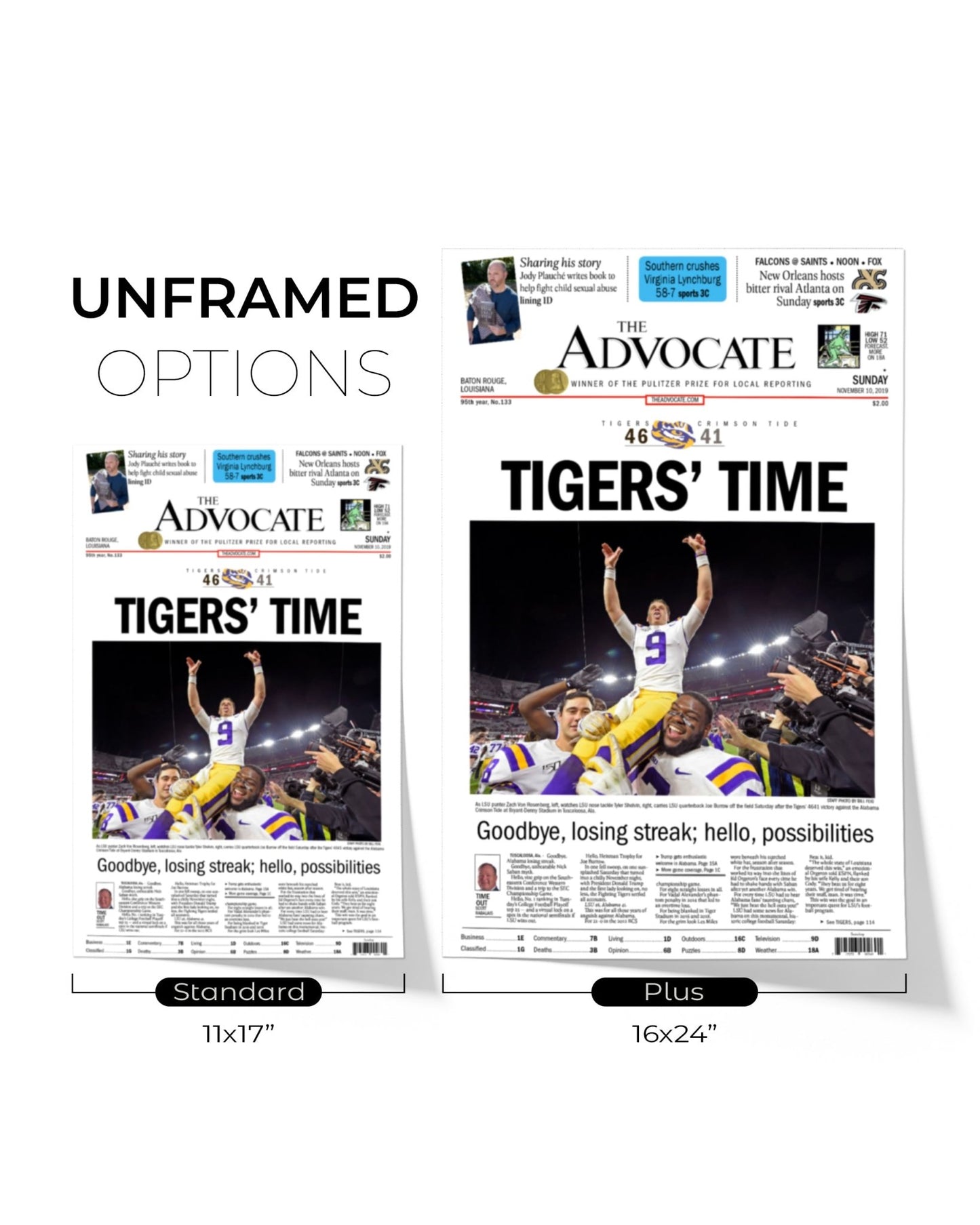 2019 LSU Tigers “Tigers’ Time” NCAA College Football National Champions Framed Front Page Newspaper Print - TitleGameFrames.com