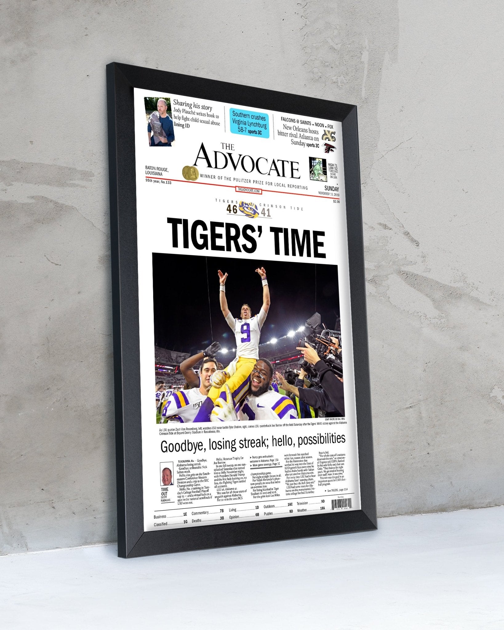 2019 LSU Tigers “Tigers’ Time” NCAA College Football National Champions Framed Front Page Newspaper Print - TitleGameFrames.com