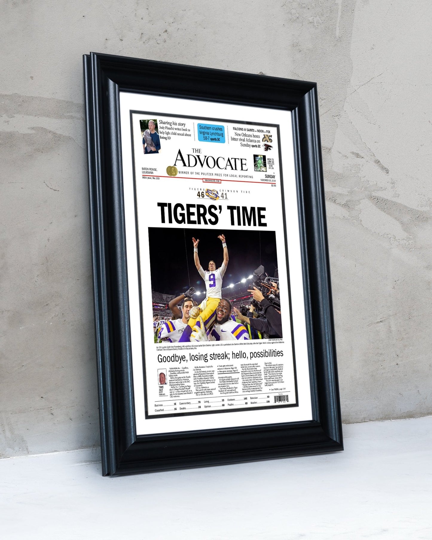 2019 LSU Tigers “Tigers’ Time” NCAA College Football National Champions Framed Front Page Newspaper Print - TitleGameFrames.com