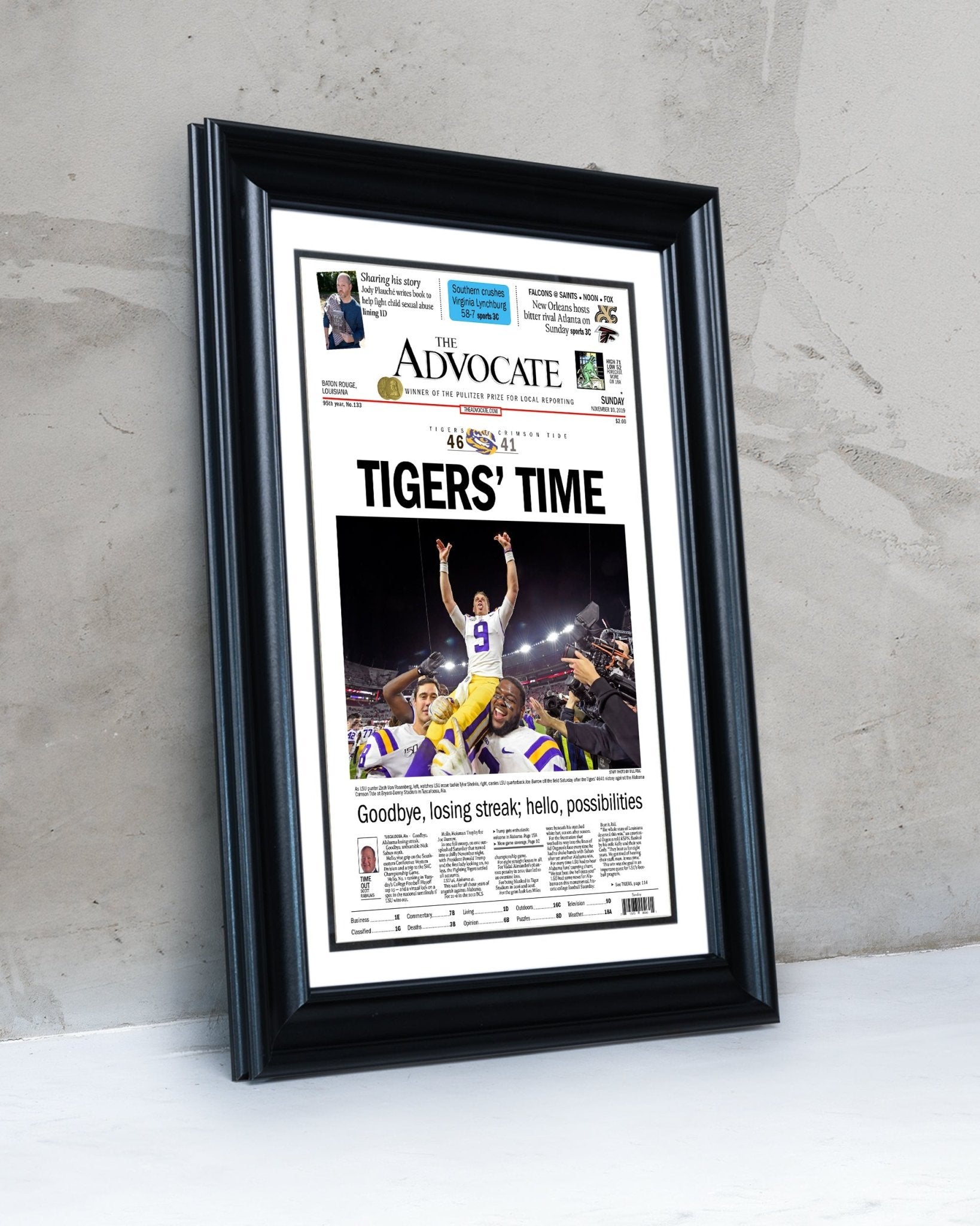 2019 LSU Tigers “Tigers’ Time” NCAA College Football National Champions Framed Front Page Newspaper Print - TitleGameFrames.com