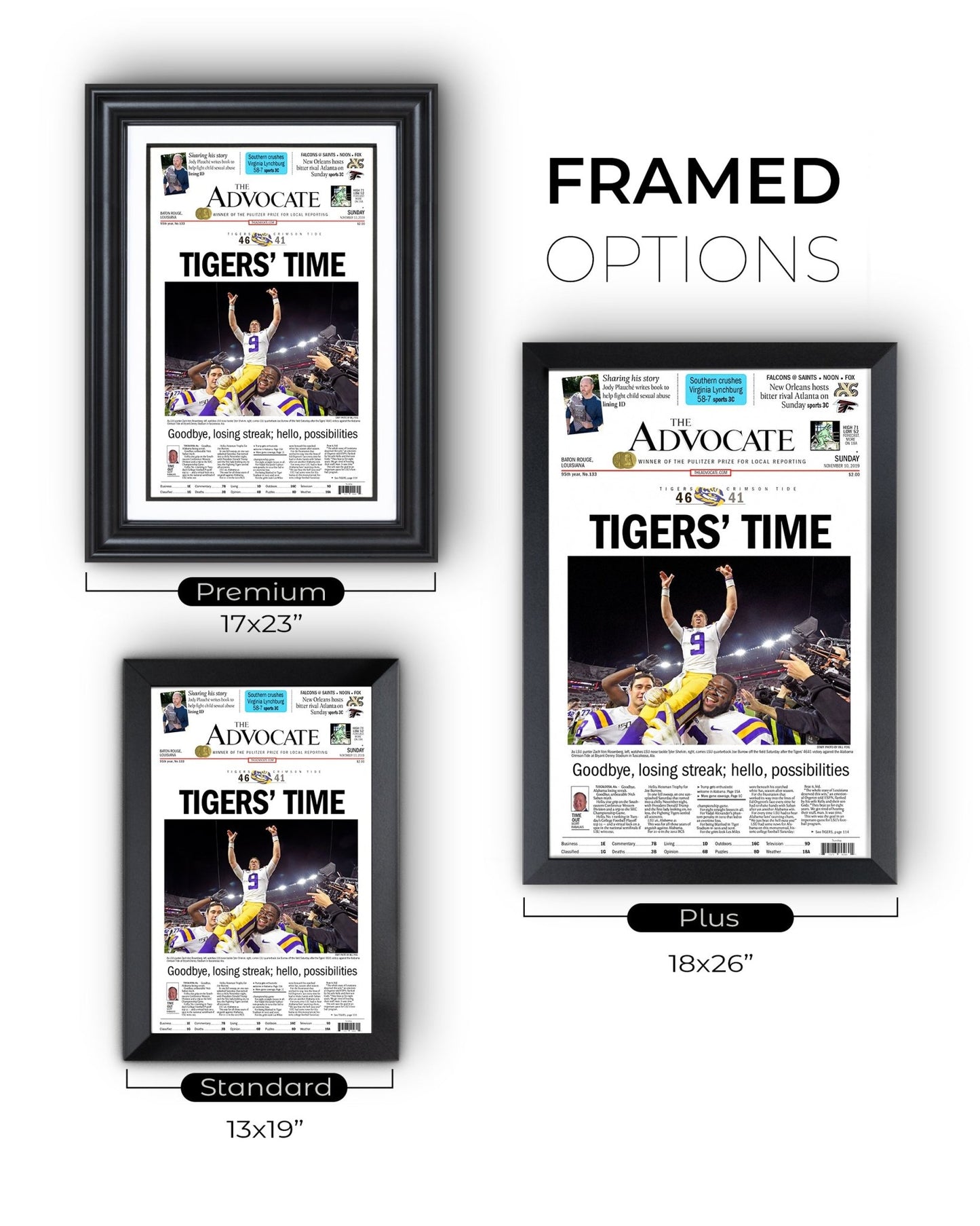 2019 LSU Tigers “Tigers’ Time” NCAA College Football National Champions Framed Front Page Newspaper Print - TitleGameFrames.com
