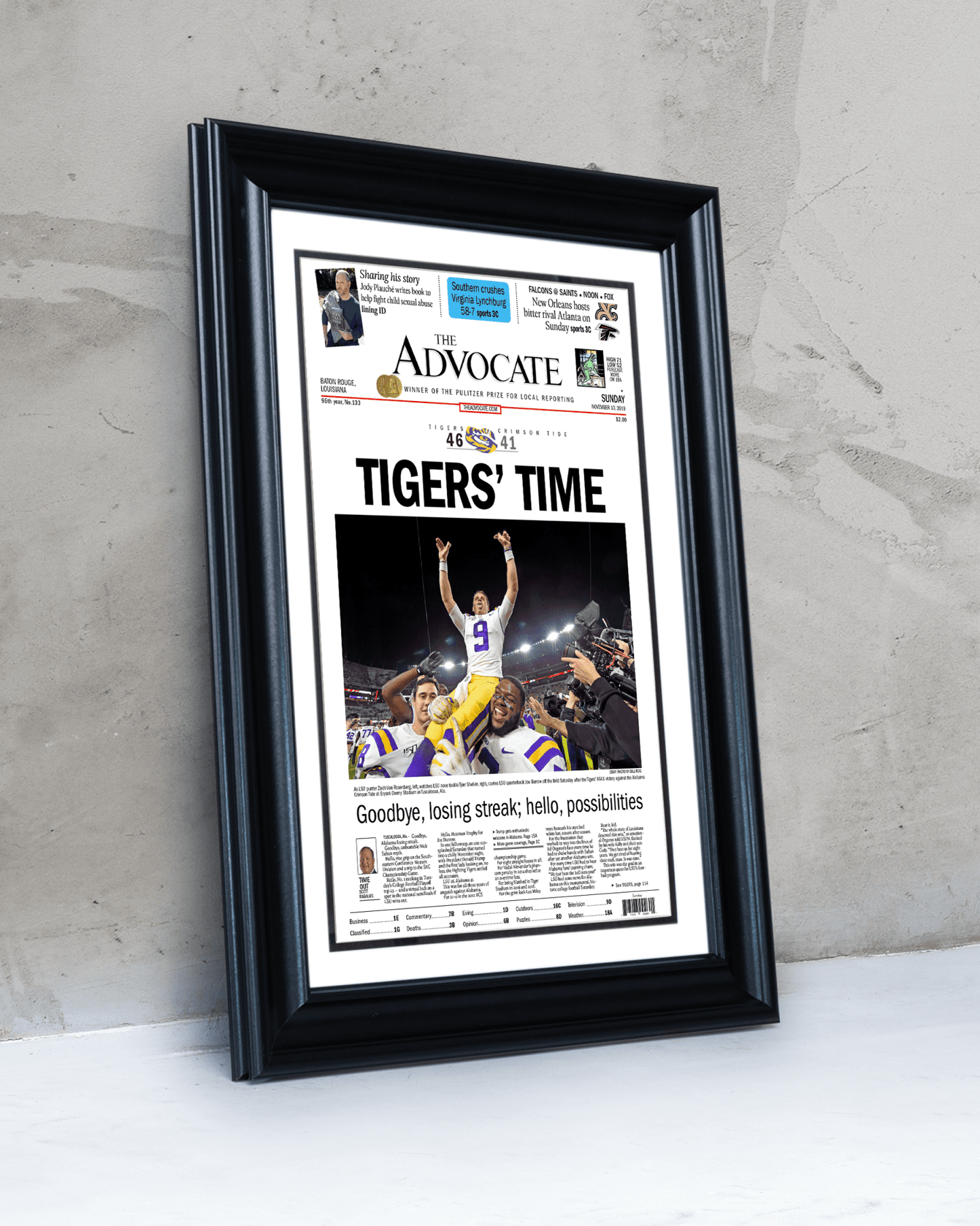 2019 LSU Tigers “Tigers’ Time” NCAA College Football National Champions Framed Front Page Newspaper Print - TitleGameFrames.com