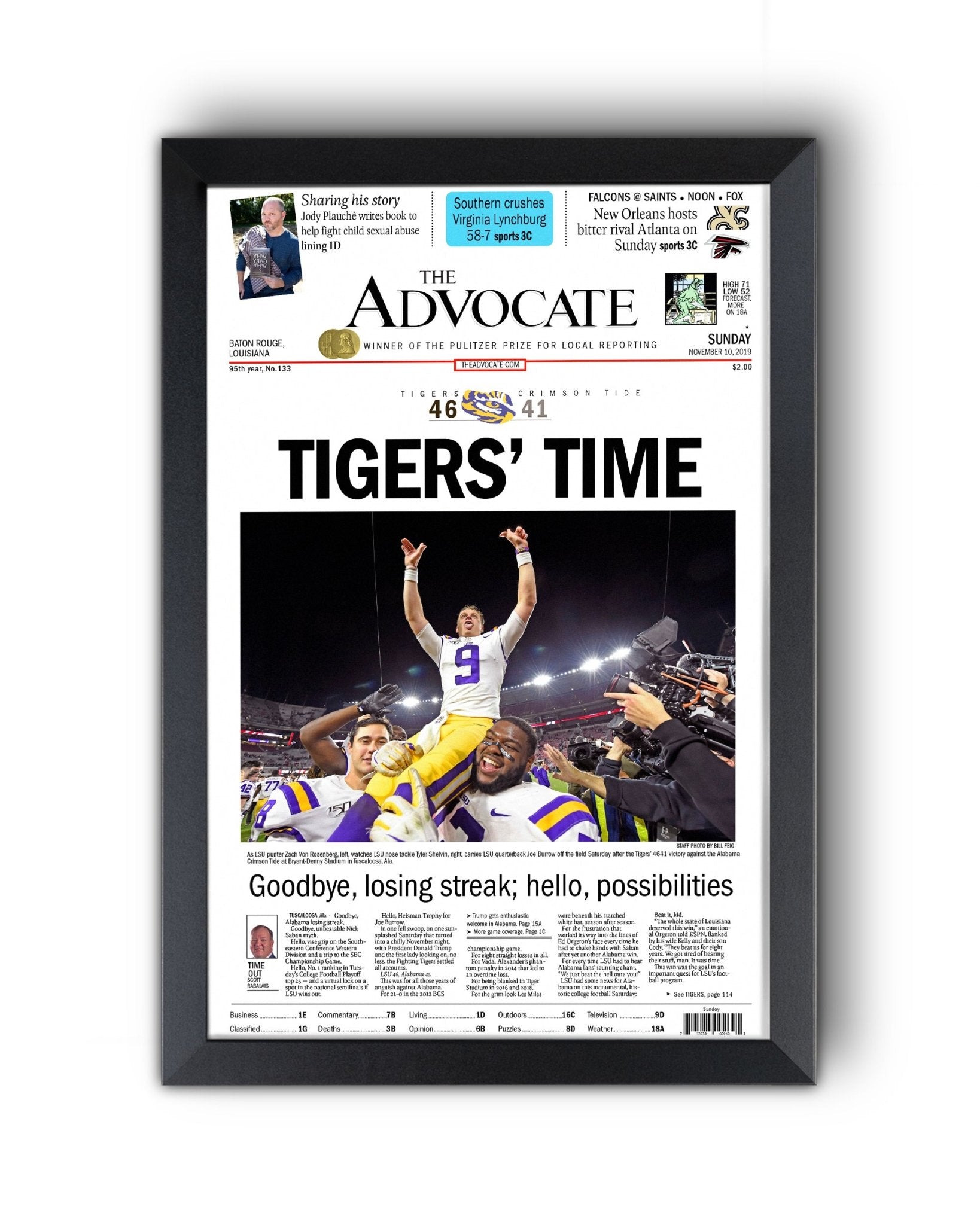 2019 LSU Tigers “Tigers’ Time” NCAA College Football National Champions Framed Front Page Newspaper Print - TitleGameFrames.com