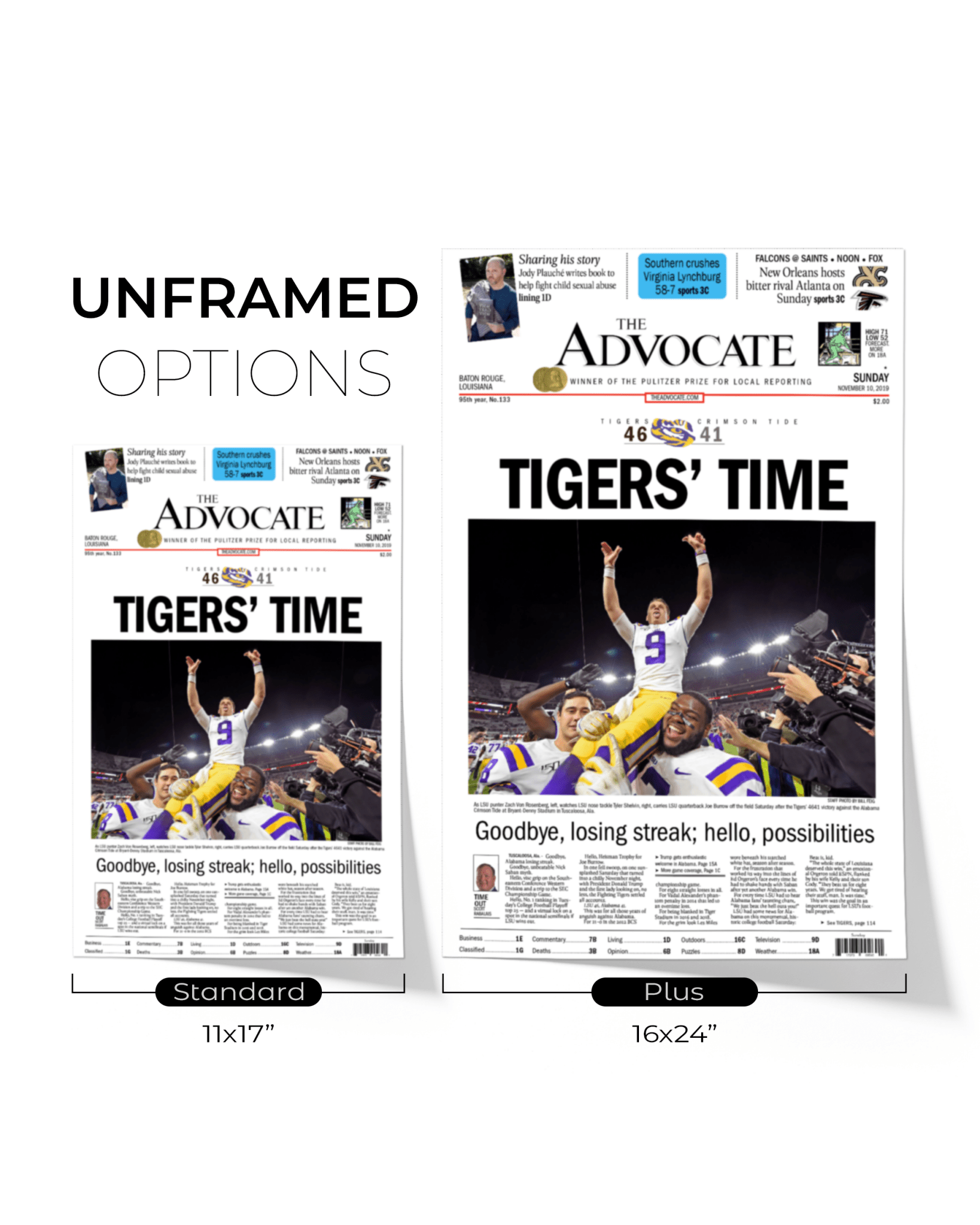 2019 LSU Tigers “Tigers’ Time” NCAA College Football National Champions Framed Front Page Newspaper Print - TitleGameFrames.com