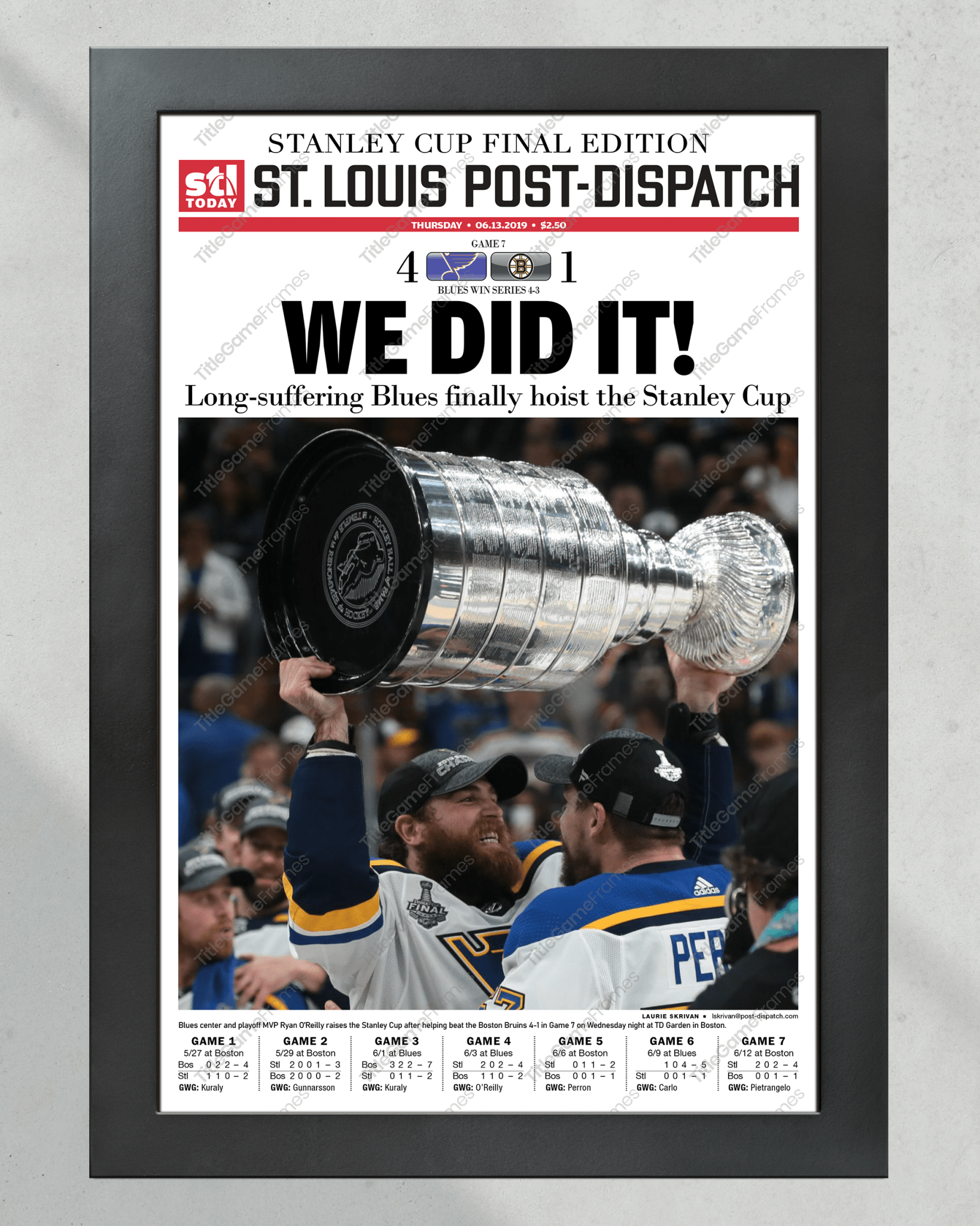 2019 St. Louis Blues Stanley Cup Championship Newspaper Framed Print Enterprise Center - TitleGameFrames.com