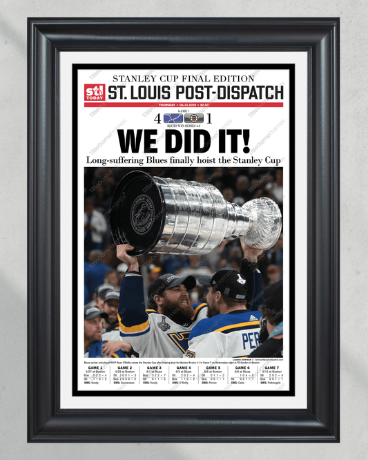 2019 St. Louis Blues Stanley Cup Championship Newspaper Framed Print Enterprise Center - TitleGameFrames.com