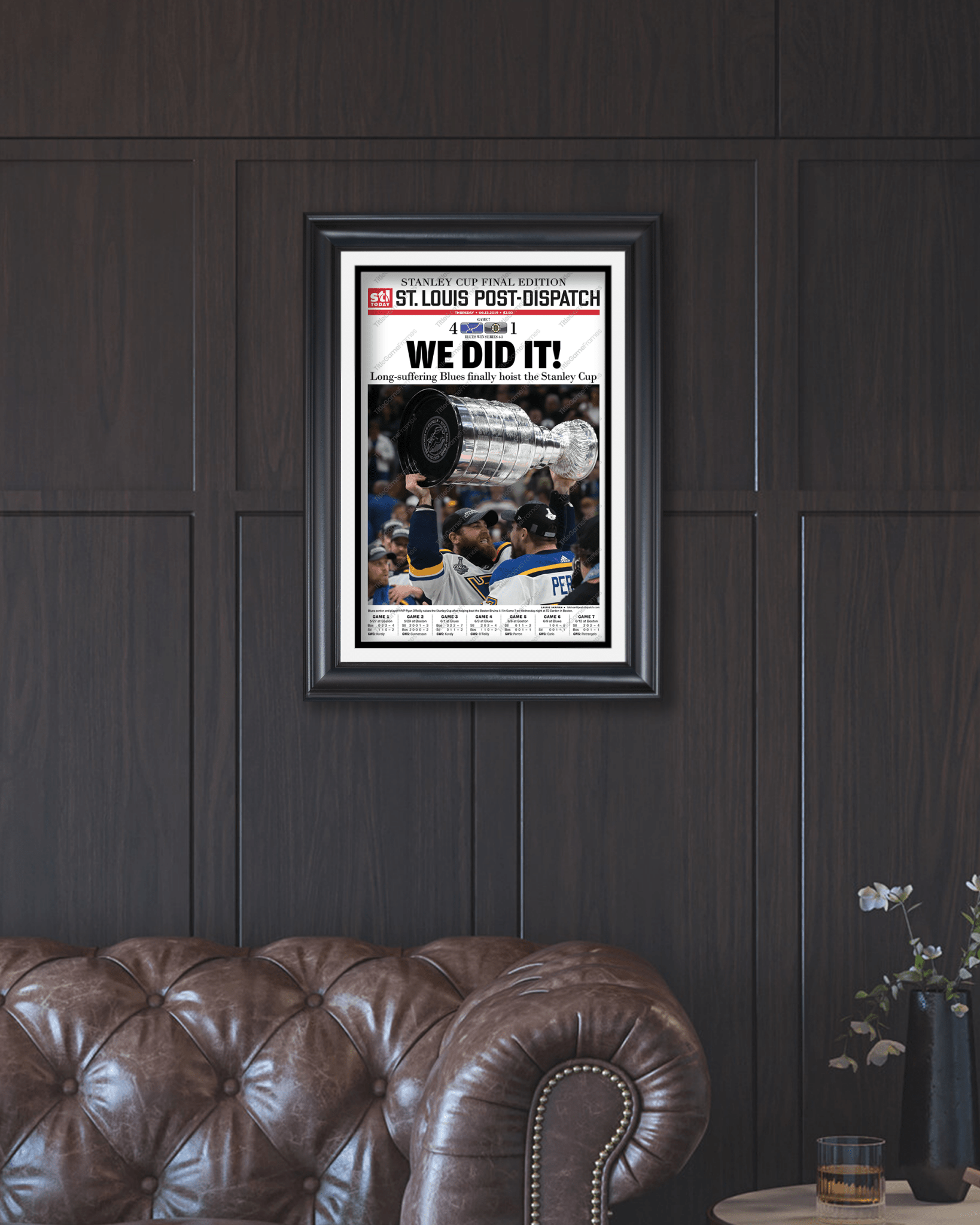 2019 St. Louis Blues Stanley Cup Championship Newspaper Framed Print Enterprise Center - TitleGameFrames.com