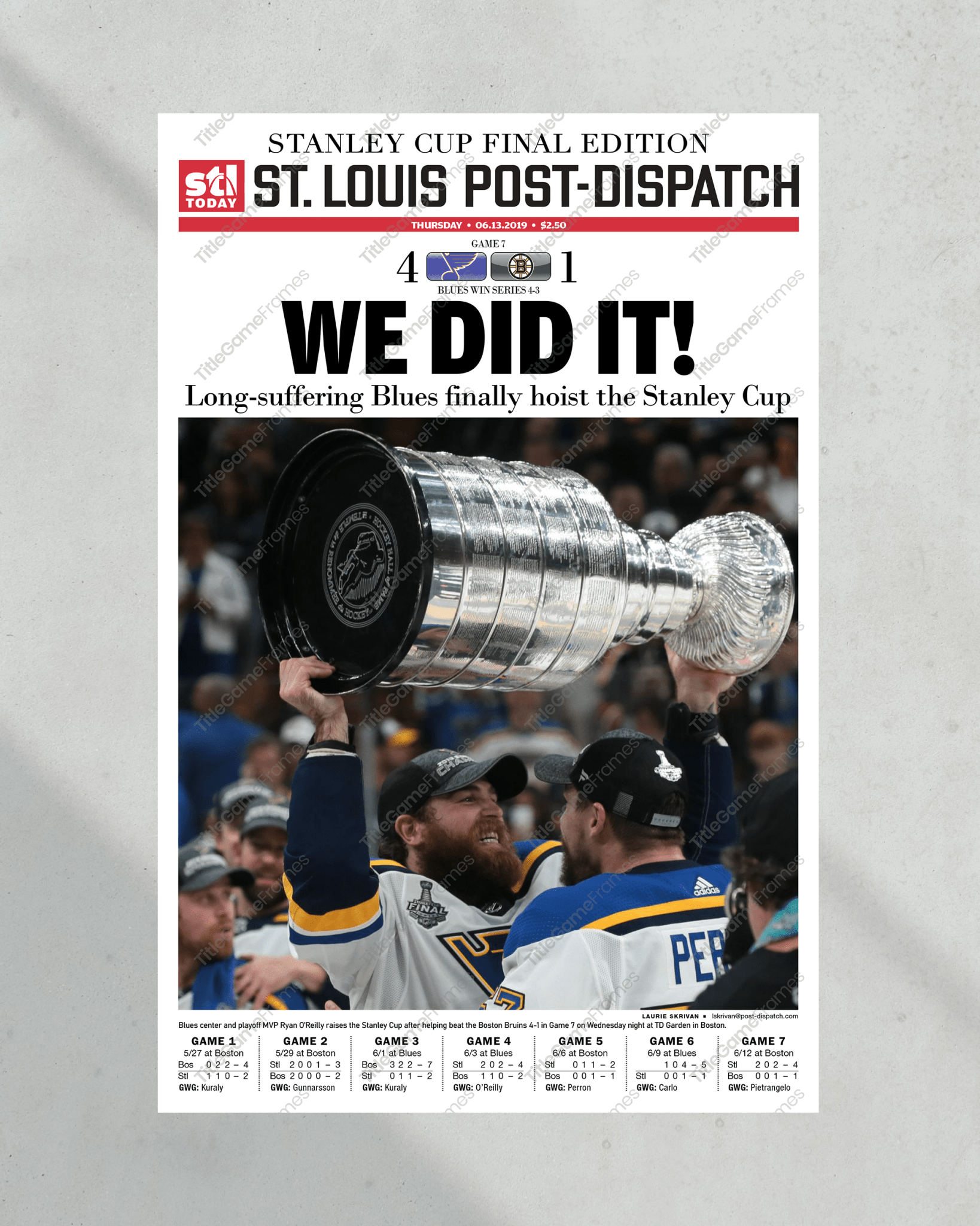 2019 St. Louis Blues Stanley Cup Championship Newspaper Framed Print Enterprise Center - TitleGameFrames.com