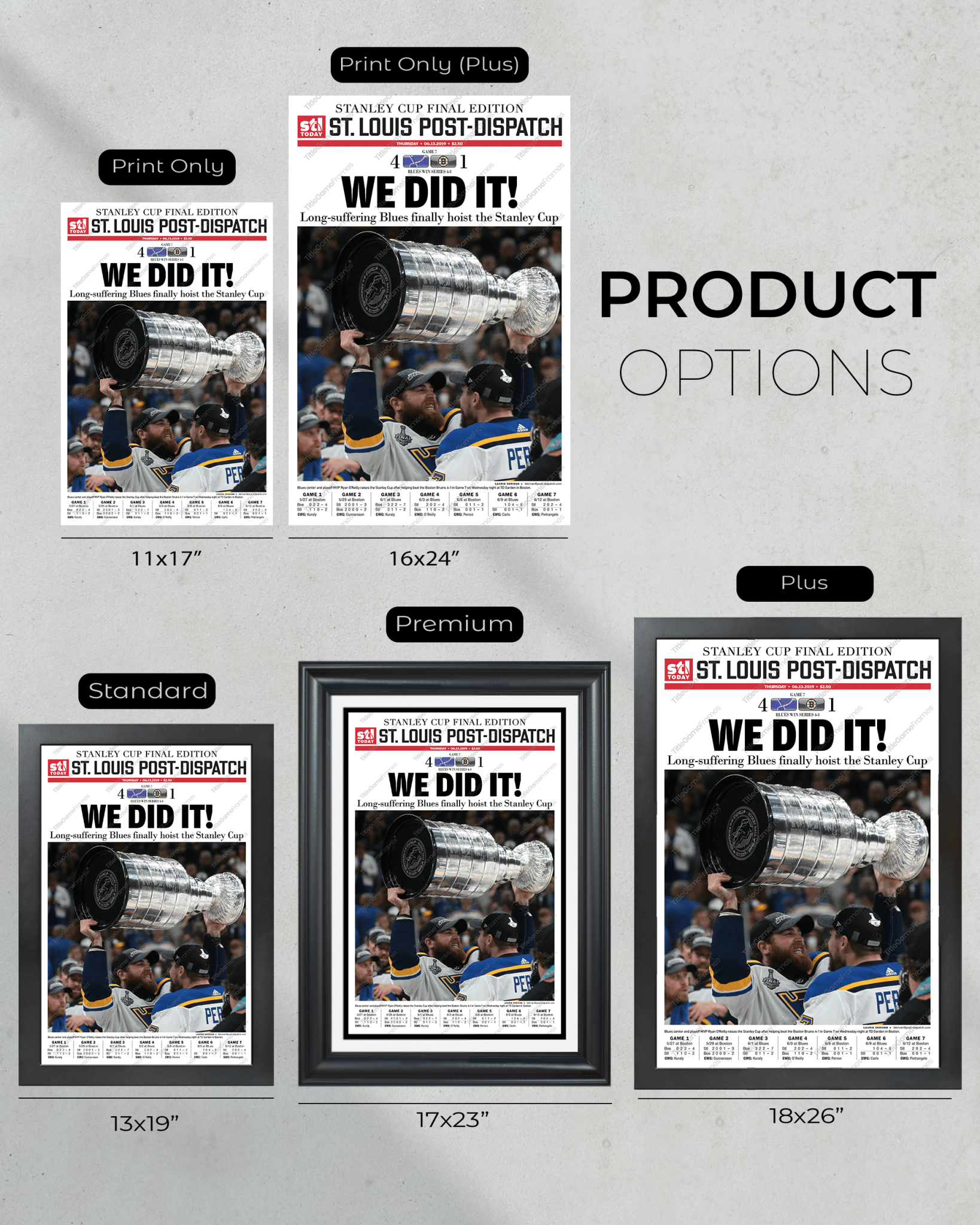 2019 St. Louis Blues Stanley Cup Championship Newspaper Framed Print Enterprise Center - TitleGameFrames.com