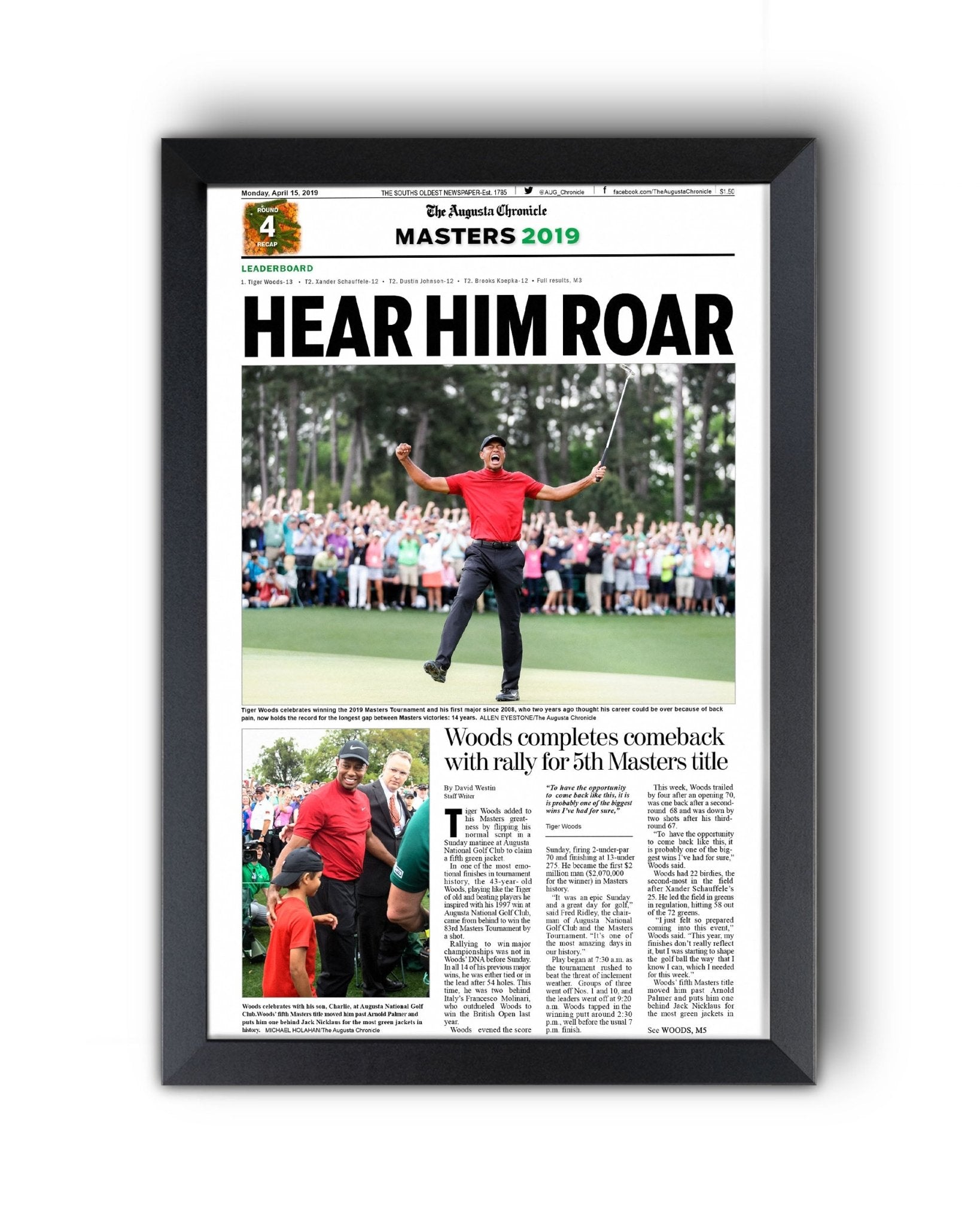 2019 Tiger Woods Masters Champion 'Hear Him Roar' Front Page Newspaper - TitleGameFrames.com