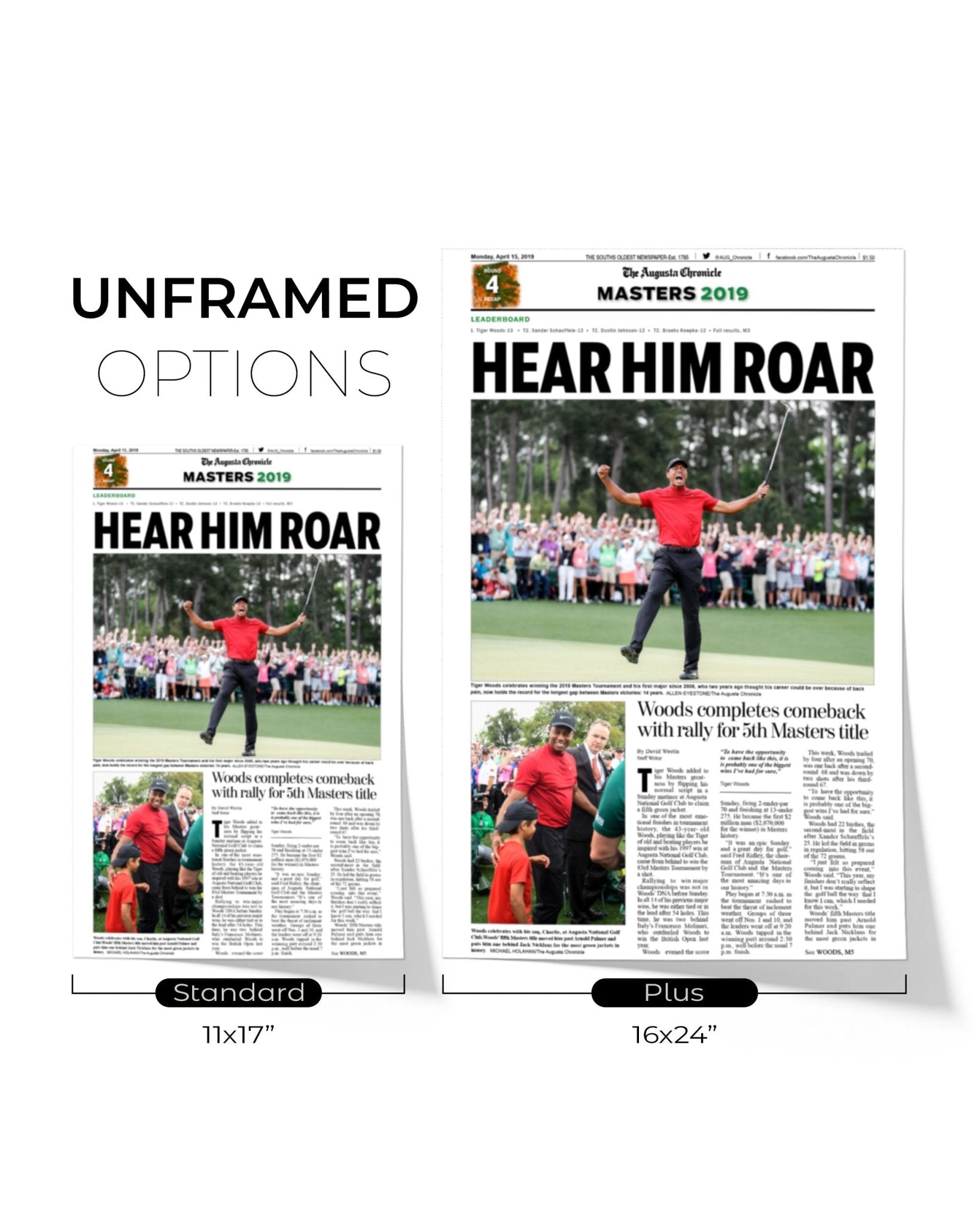 2019 Tiger Woods Masters Champion 'Hear Him Roar' Front Page Newspaper - TitleGameFrames.com