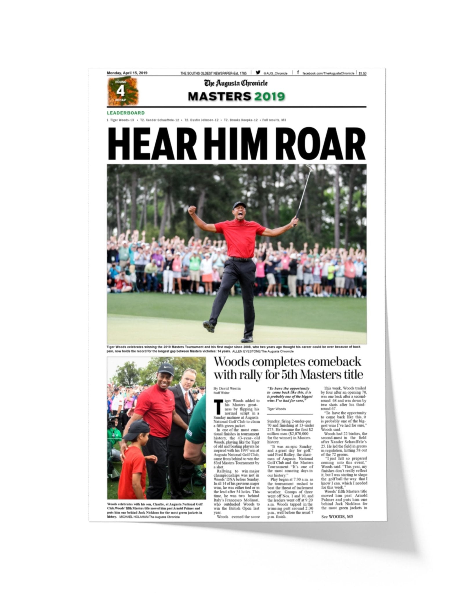 2019 Tiger Woods Masters Champion 'Hear Him Roar' Front Page Newspaper - TitleGameFrames.com