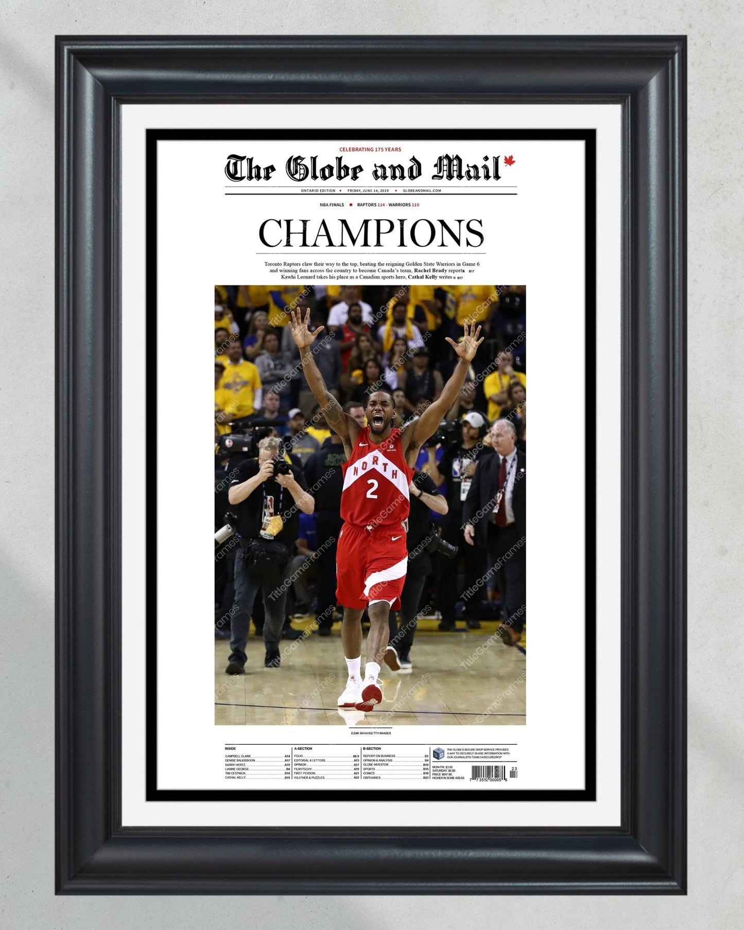2019 Toronto Raptors NBA Champion Framed Front Page Newspaper Print - TitleGameFrames.com
