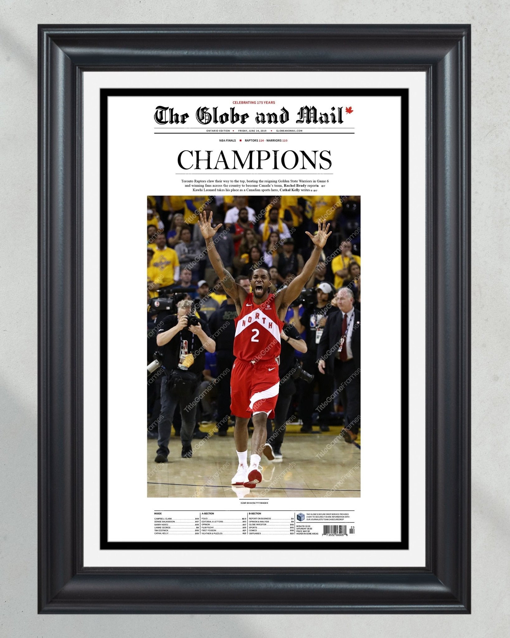 2019 Toronto Raptors NBA Champion Framed Front Page Newspaper Print - TitleGameFrames.com