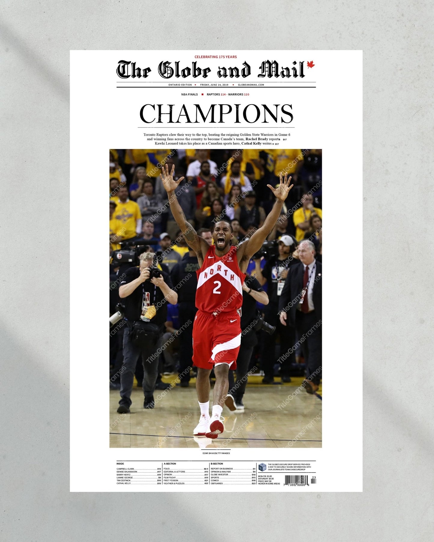 2019 Toronto Raptors NBA Champion Framed Front Page Newspaper Print - TitleGameFrames.com