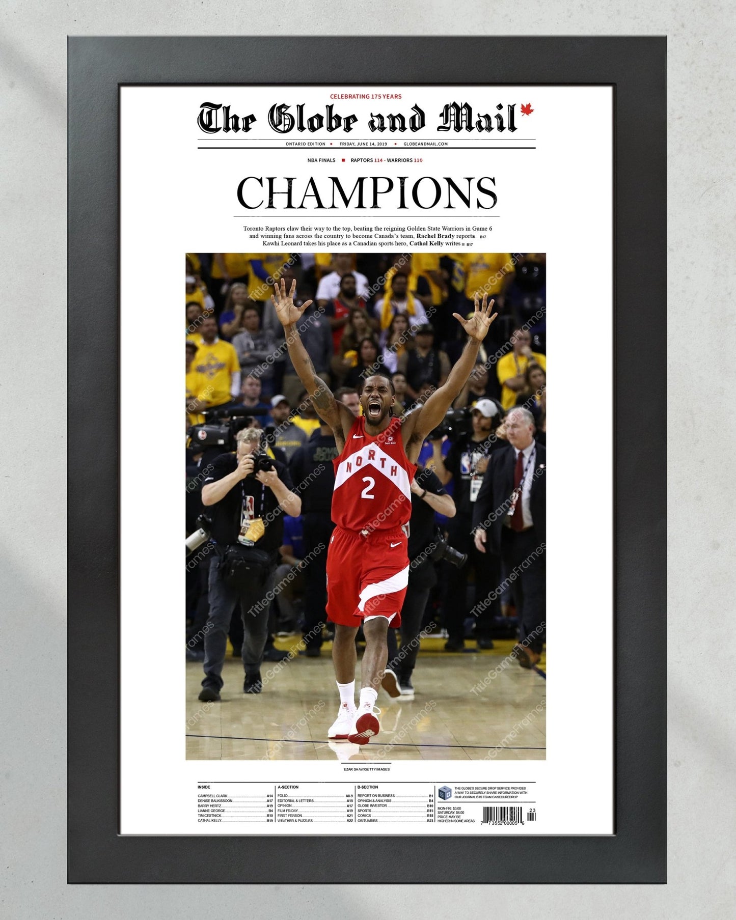 2019 Toronto Raptors NBA Champion Framed Front Page Newspaper Print - TitleGameFrames.com