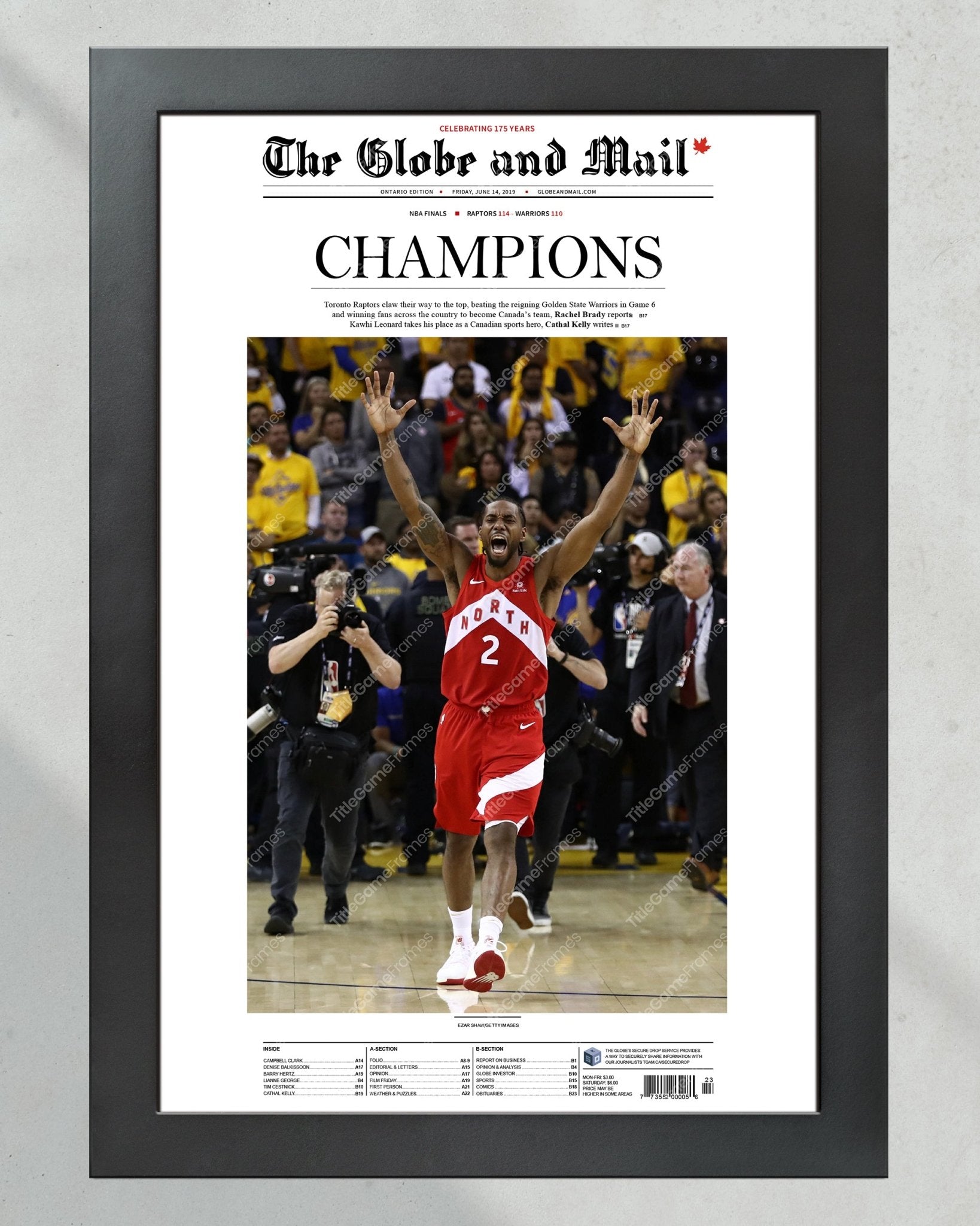2019 Toronto Raptors NBA Champion Framed Front Page Newspaper Print - TitleGameFrames.com