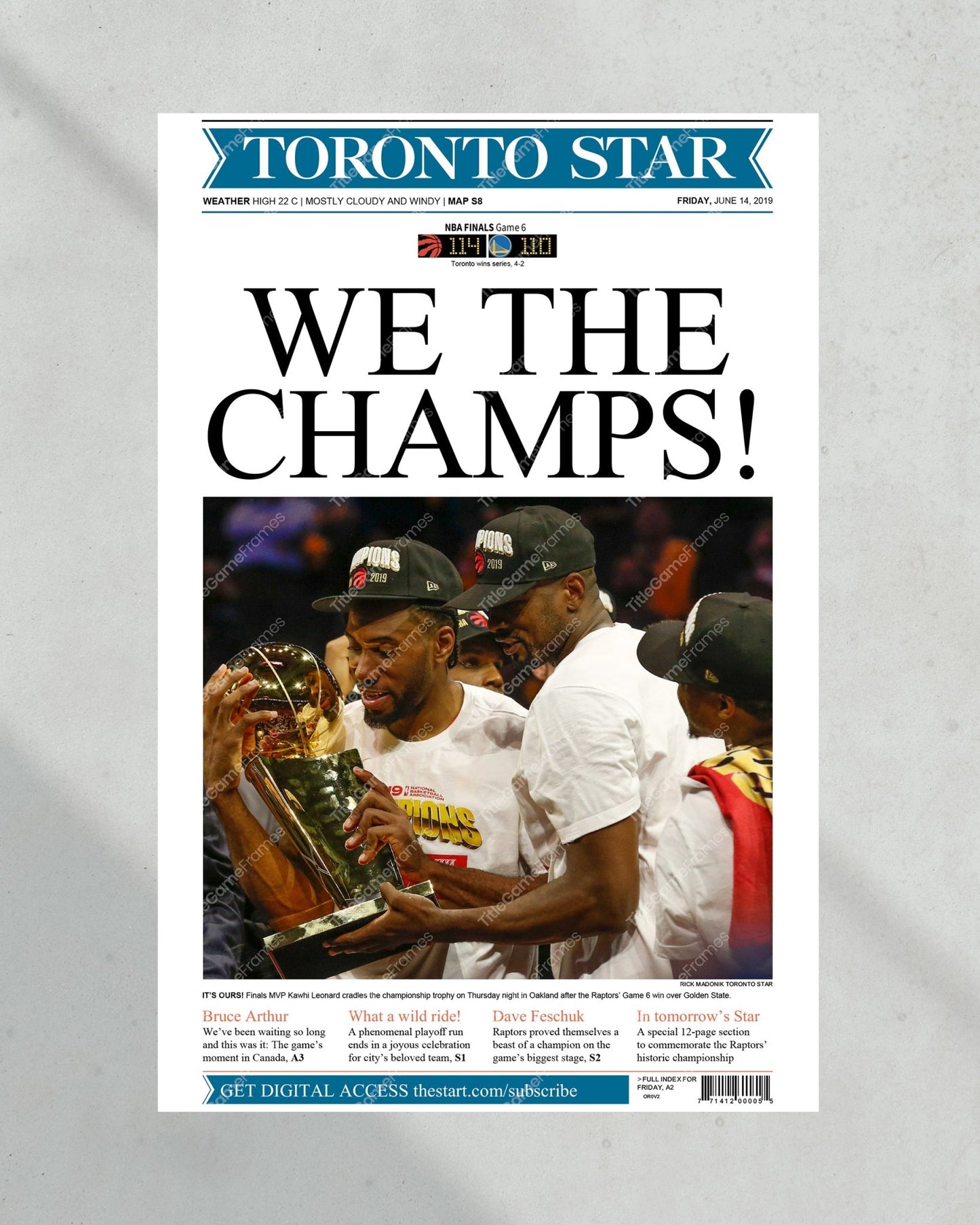 2019 Toronto Raptors NBA championship Framed Newspaper Cover Print - TitleGameFrames.com