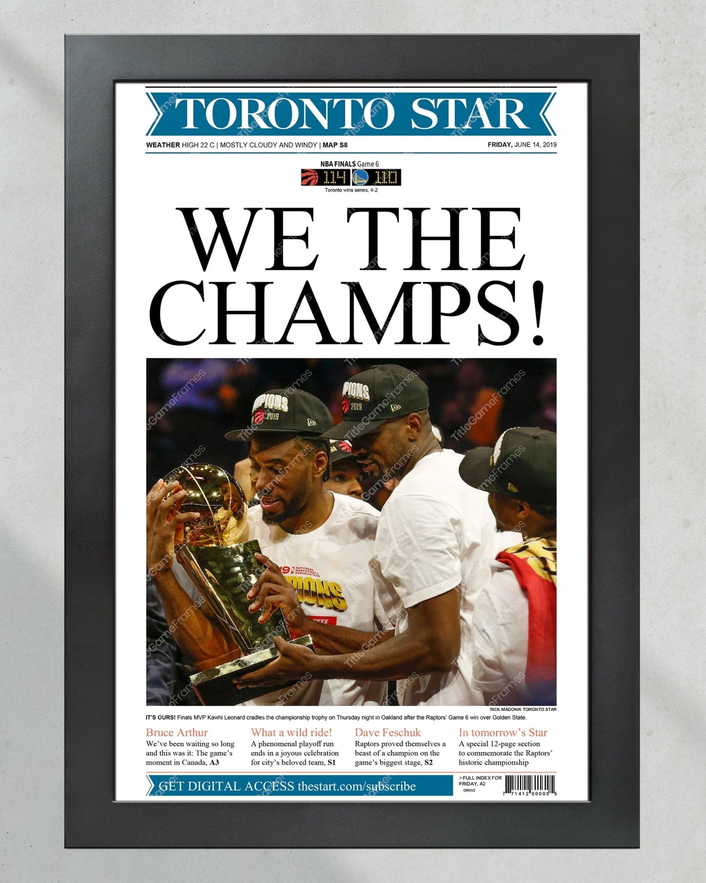 2019 Toronto Raptors NBA championship Framed Newspaper Cover Print - TitleGameFrames.com