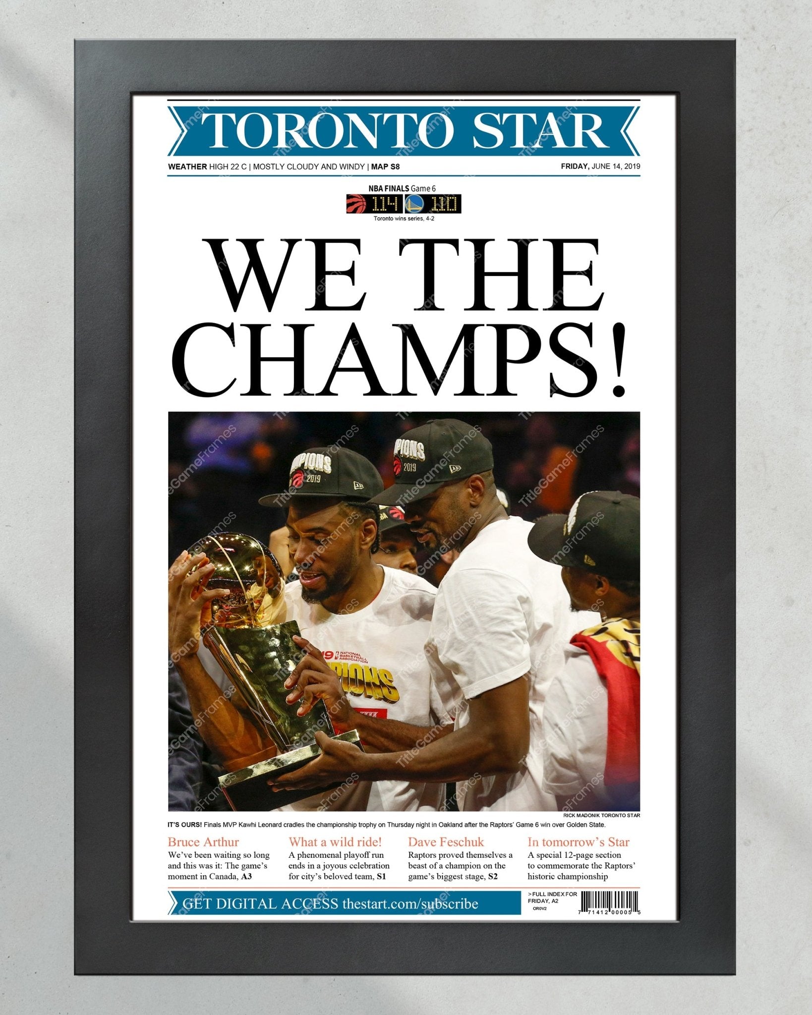 2019 Toronto Raptors NBA championship Framed Newspaper Cover Print - TitleGameFrames.com