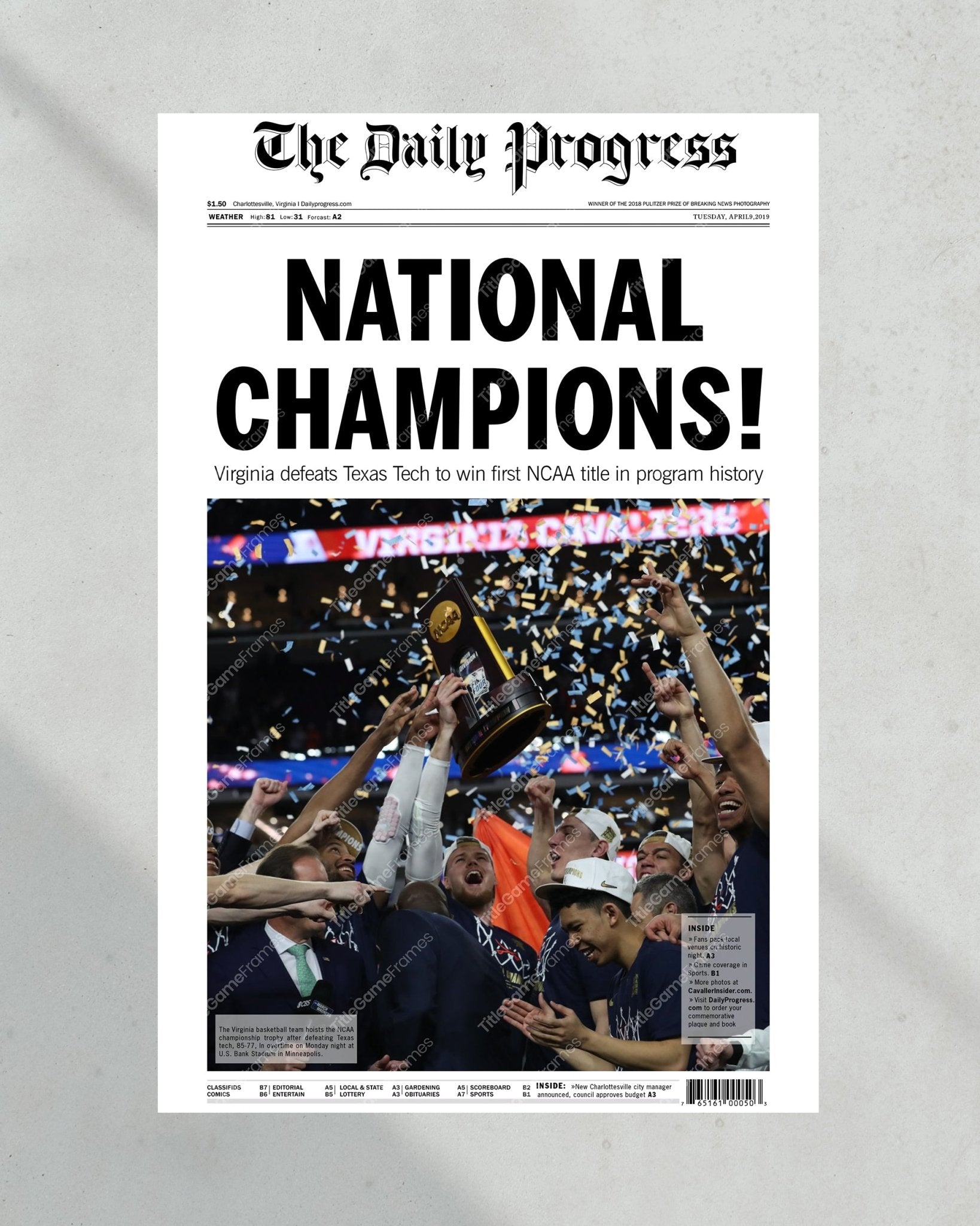 2019 Virginia Cavaliers NCAA College Basketball Champions Framed Front Page Newspaper Print - TitleGameFrames.com
