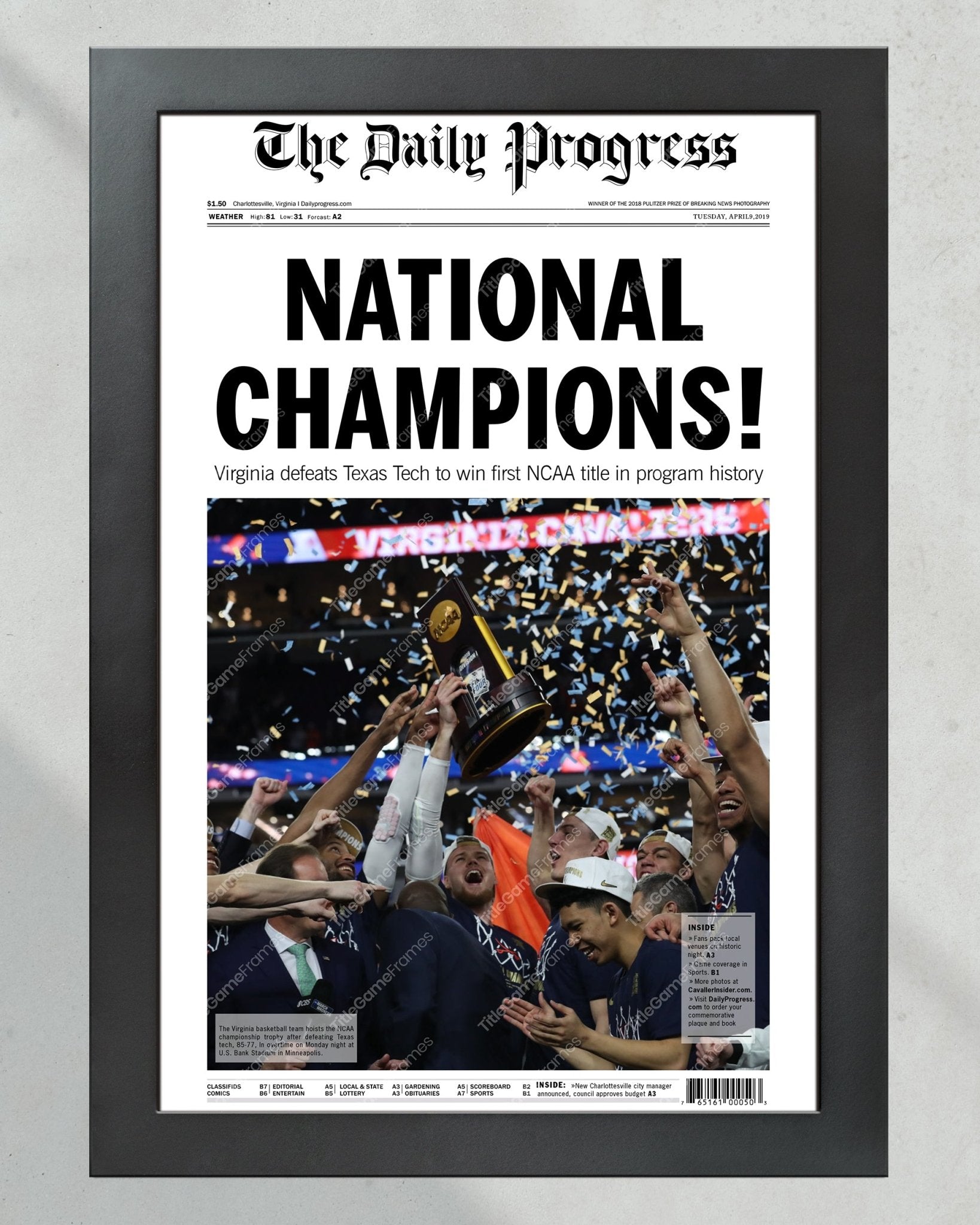 2019 Virginia Cavaliers NCAA College Basketball Champions Framed Front Page Newspaper Print - TitleGameFrames.com