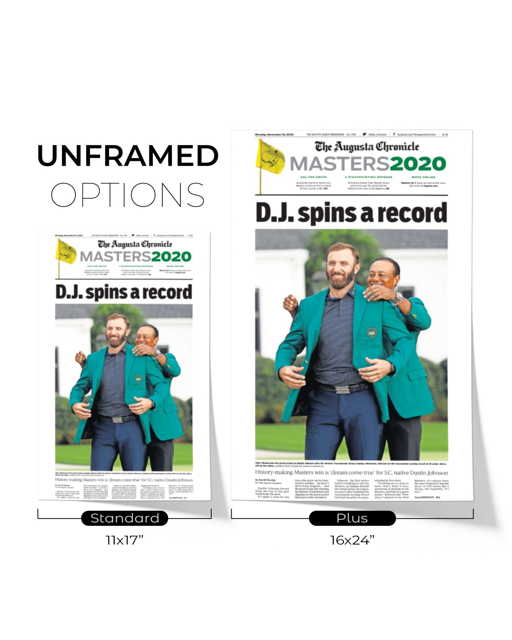 2020 Dustin Johnson Masters Champion 'D.J. spins a record' Framed Newspaper - TitleGameFrames.com