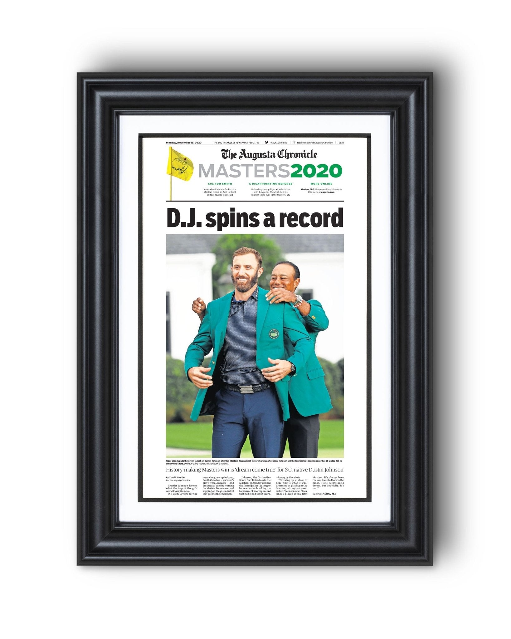 2020 Dustin Johnson Masters Champion 'D.J. spins a record' Framed Newspaper - TitleGameFrames.com