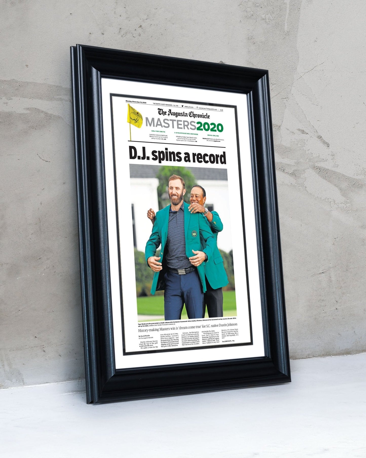 2020 Dustin Johnson Masters Champion 'D.J. spins a record' Framed Newspaper - TitleGameFrames.com