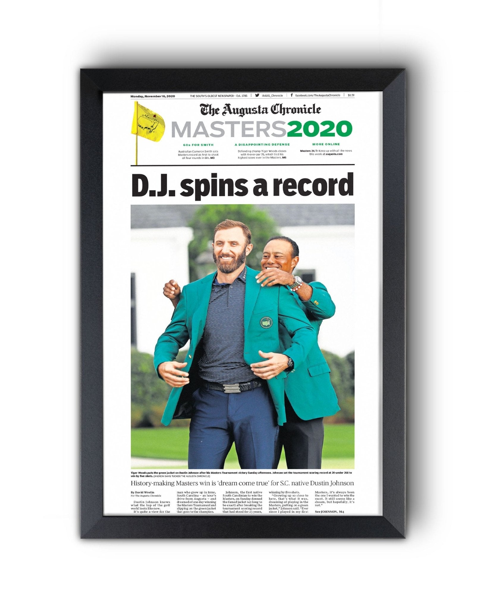 2020 Dustin Johnson Masters Champion 'D.J. spins a record' Framed Newspaper - TitleGameFrames.com