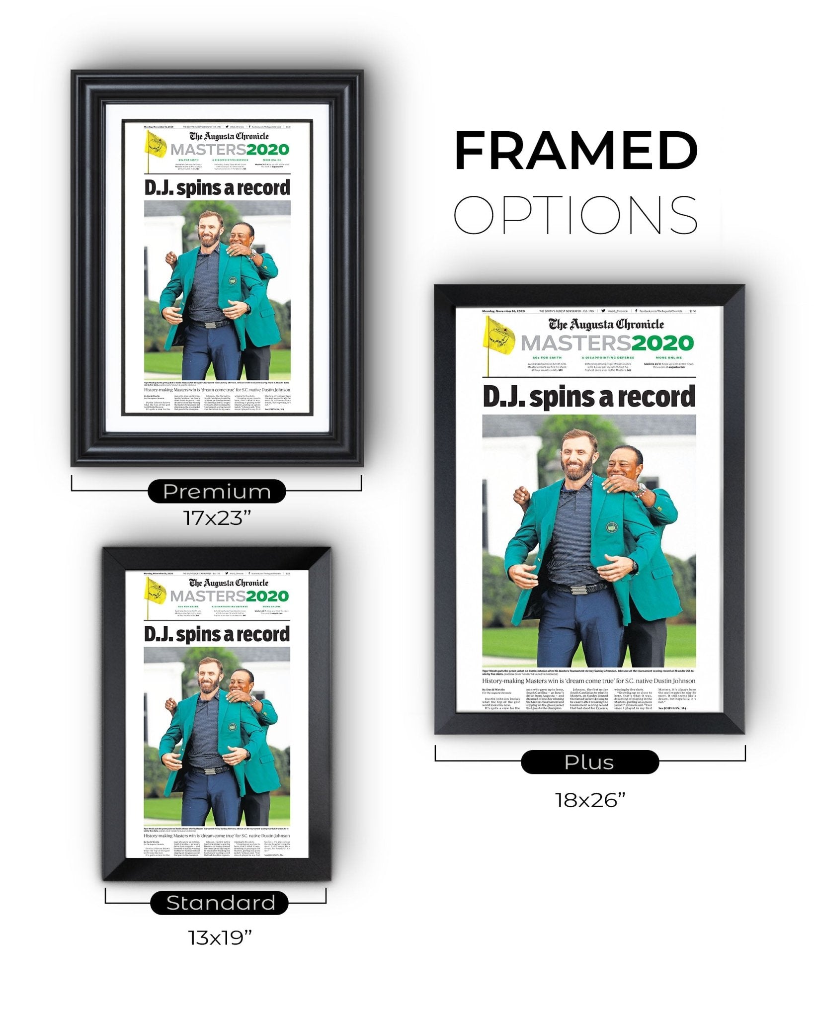 2020 Dustin Johnson Masters Champion 'D.J. spins a record' Framed Newspaper - TitleGameFrames.com