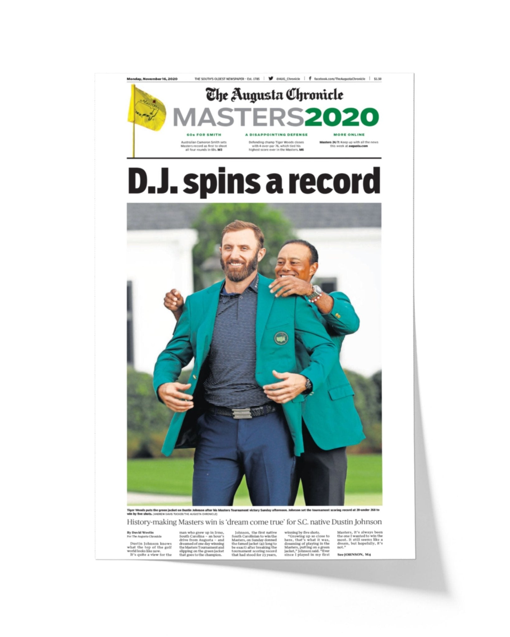 2020 Dustin Johnson Masters Champion 'D.J. spins a record' Framed Newspaper - TitleGameFrames.com