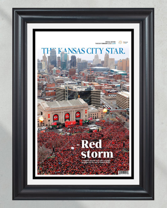 2020 Kansas City Chiefs “Red Storm” Super Bowl LIV Championship Parade Framed Front Page Newspaper - TitleGameFrames.com