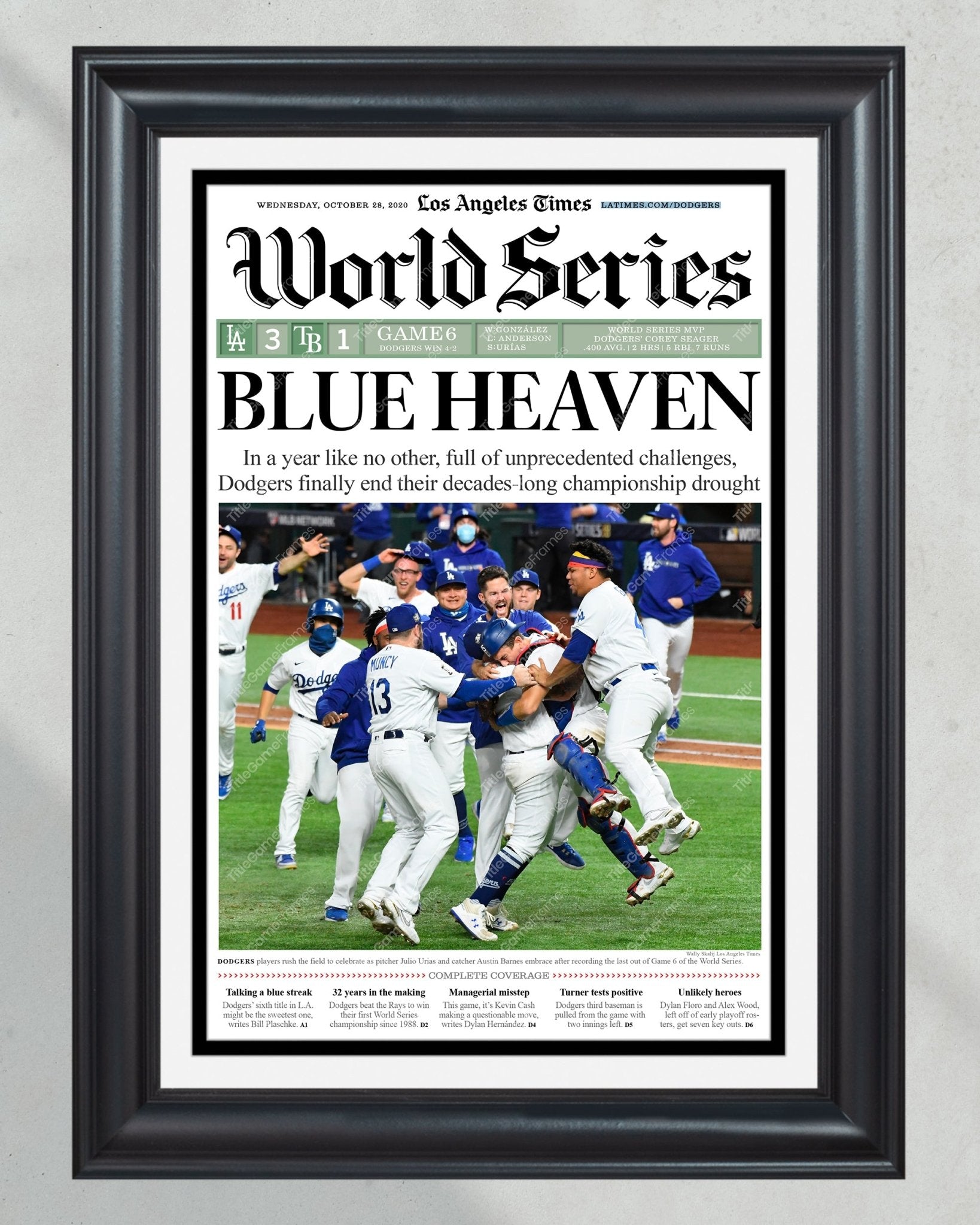 2020 L.A. Dodgers World Series Champions Framed Newspaper Cover Print - TitleGameFrames.com