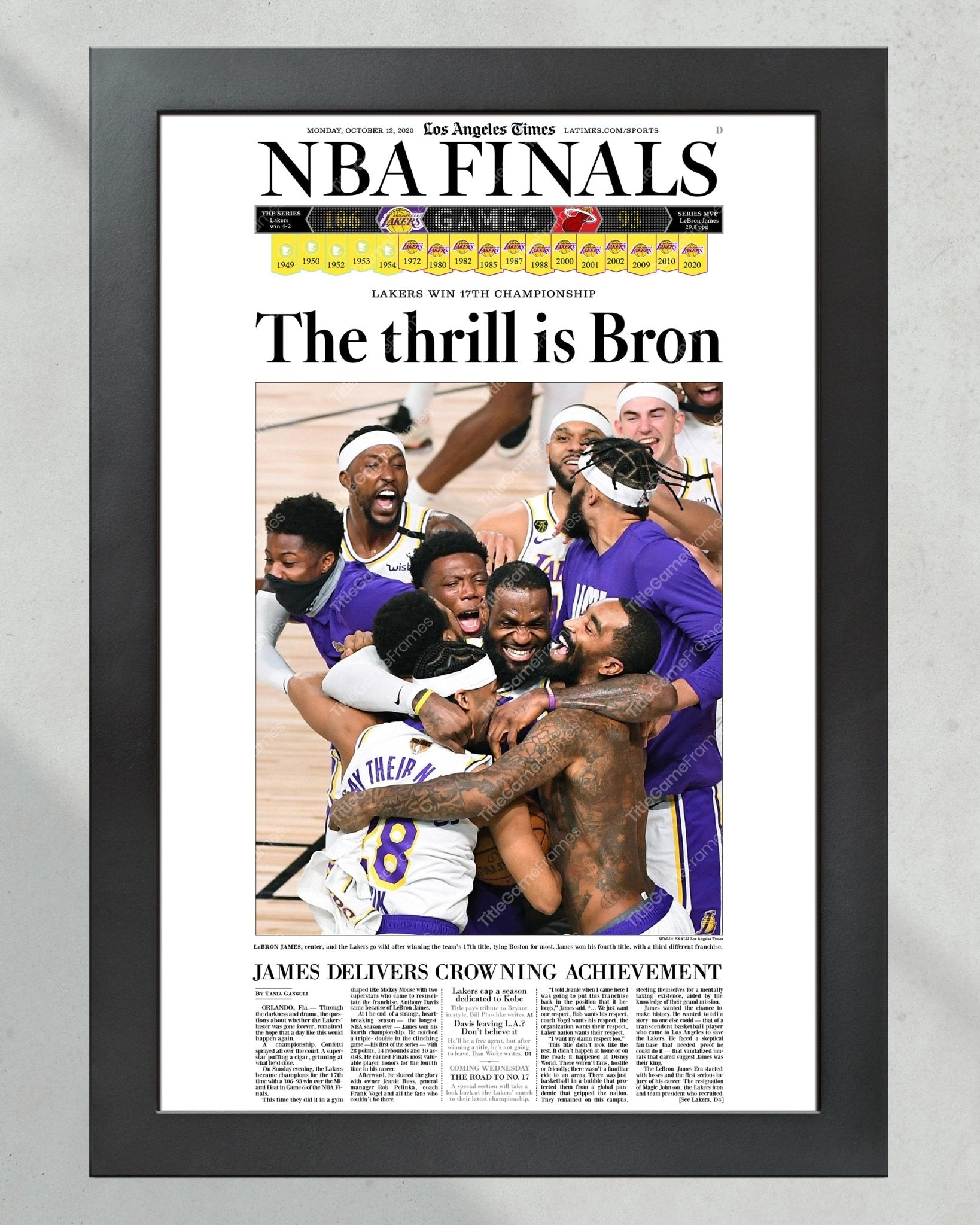 2020 Lakers Framed NBA Championship front page reprint Staples Center - TitleGameFrames.com