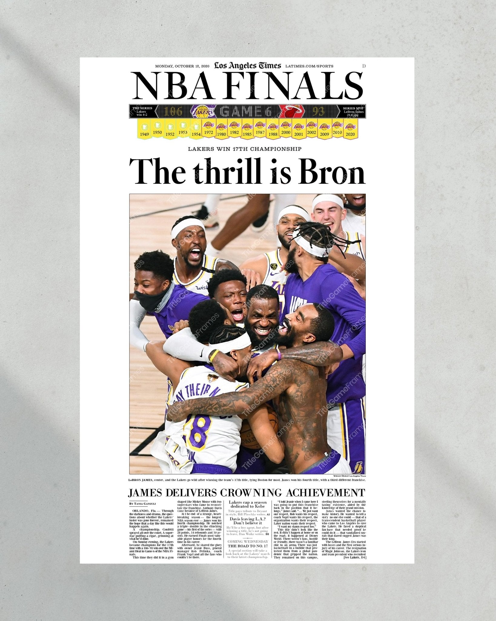2020 Lakers Framed NBA Championship front page reprint Staples Center - TitleGameFrames.com