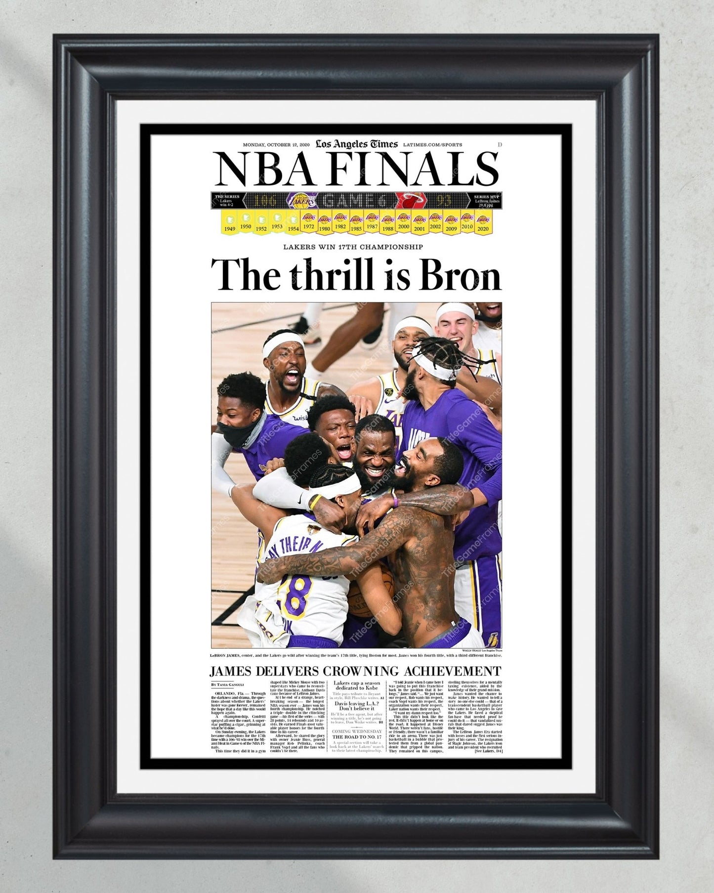 2020 Lakers Framed NBA Championship front page reprint Staples Center - TitleGameFrames.com