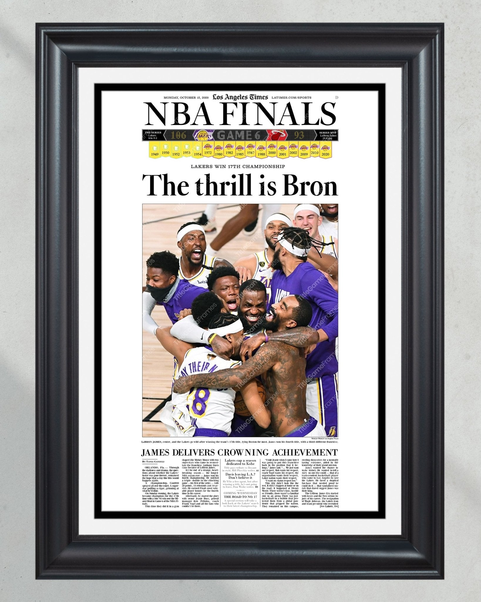 2020 Lakers Framed NBA Championship front page reprint Staples Center - TitleGameFrames.com