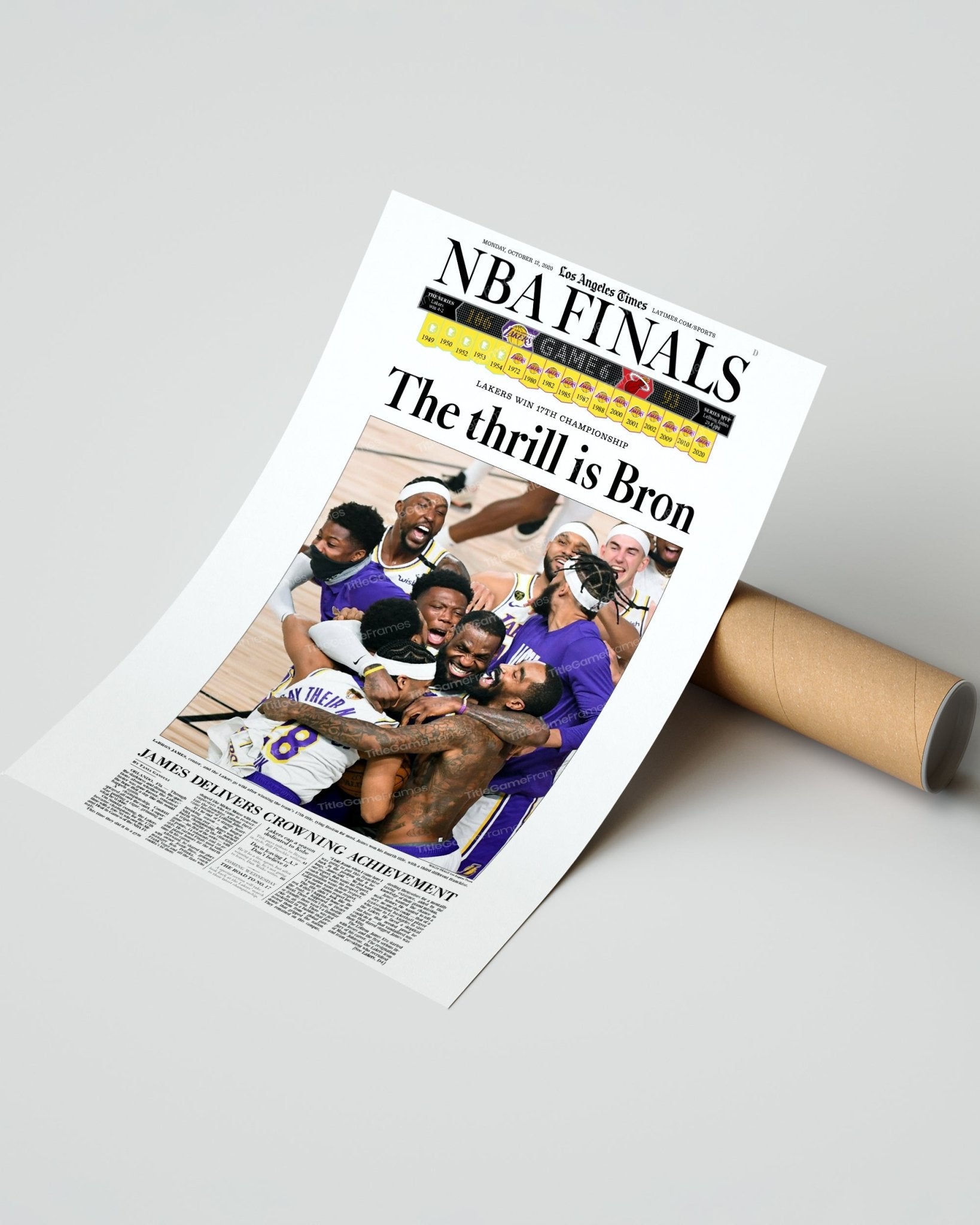2020 Lakers Framed NBA Championship front page reprint Staples Center - TitleGameFrames.com