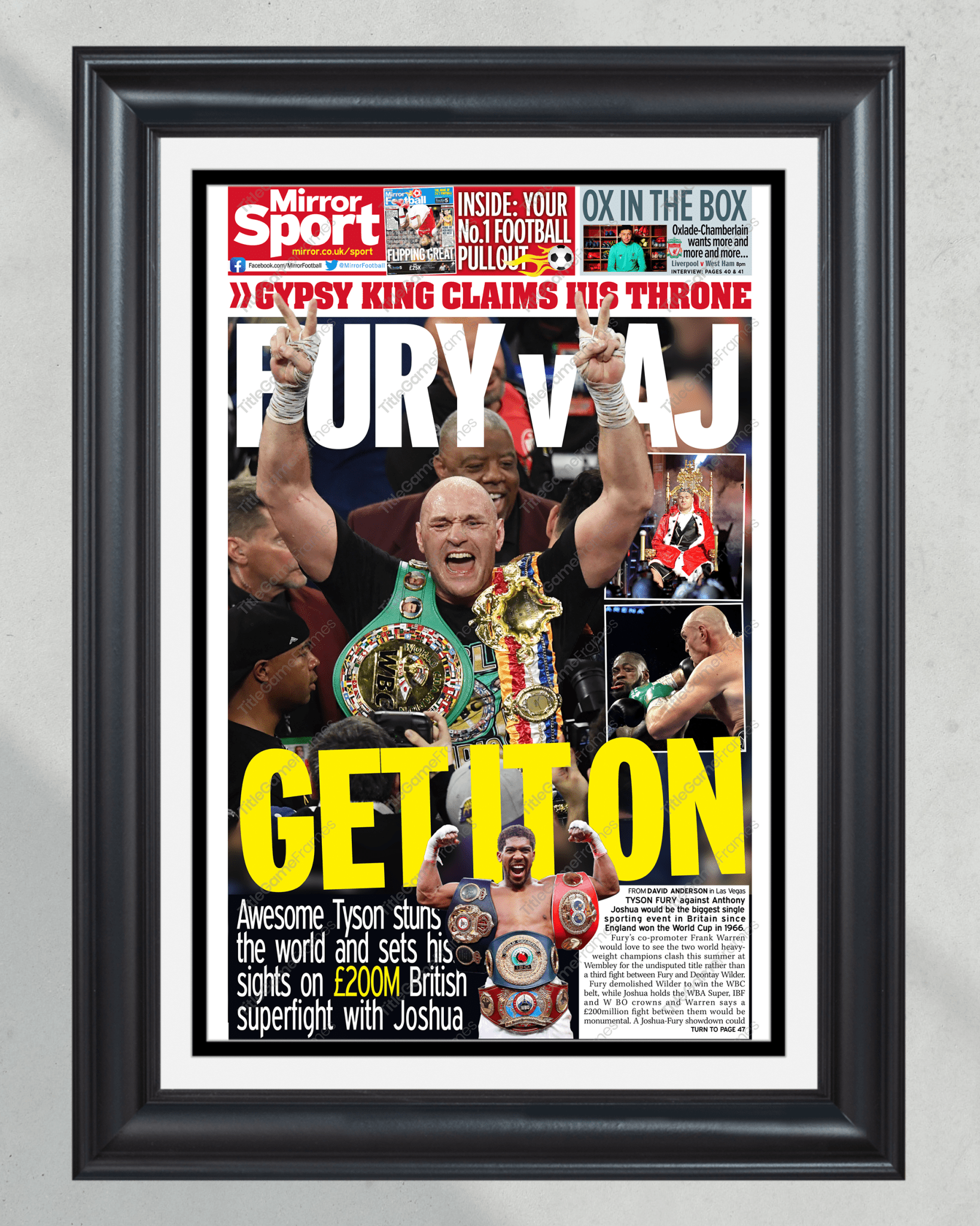 2020 Tyson Fury vs. Deontay Wilder Heavyweight Boxing Framed Front Page Newspaper Print - TitleGameFrames.com