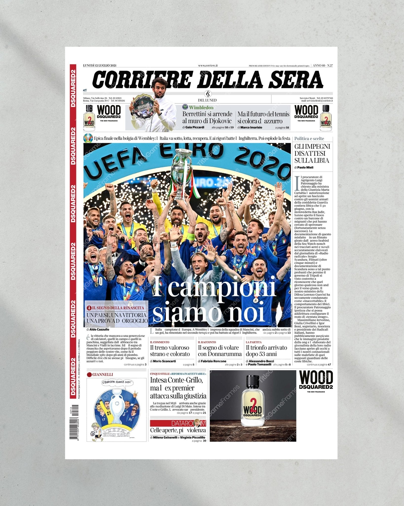 2020 UEFA Italy Football Championship Framed Front Page Newspaper Print - TitleGameFrames.com