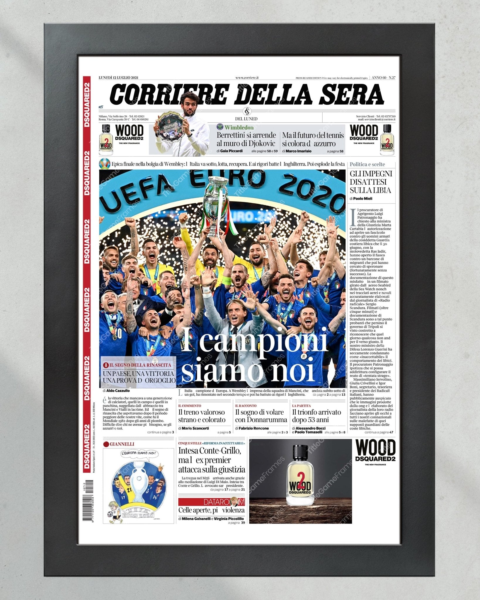 2020 UEFA Italy Football Championship Framed Front Page Newspaper Print - TitleGameFrames.com