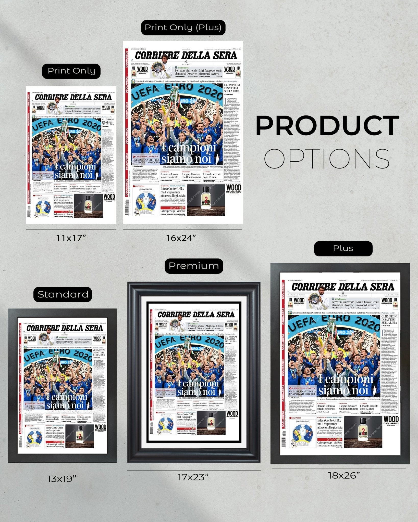 2020 UEFA Italy Football Championship Framed Front Page Newspaper Print - TitleGameFrames.com